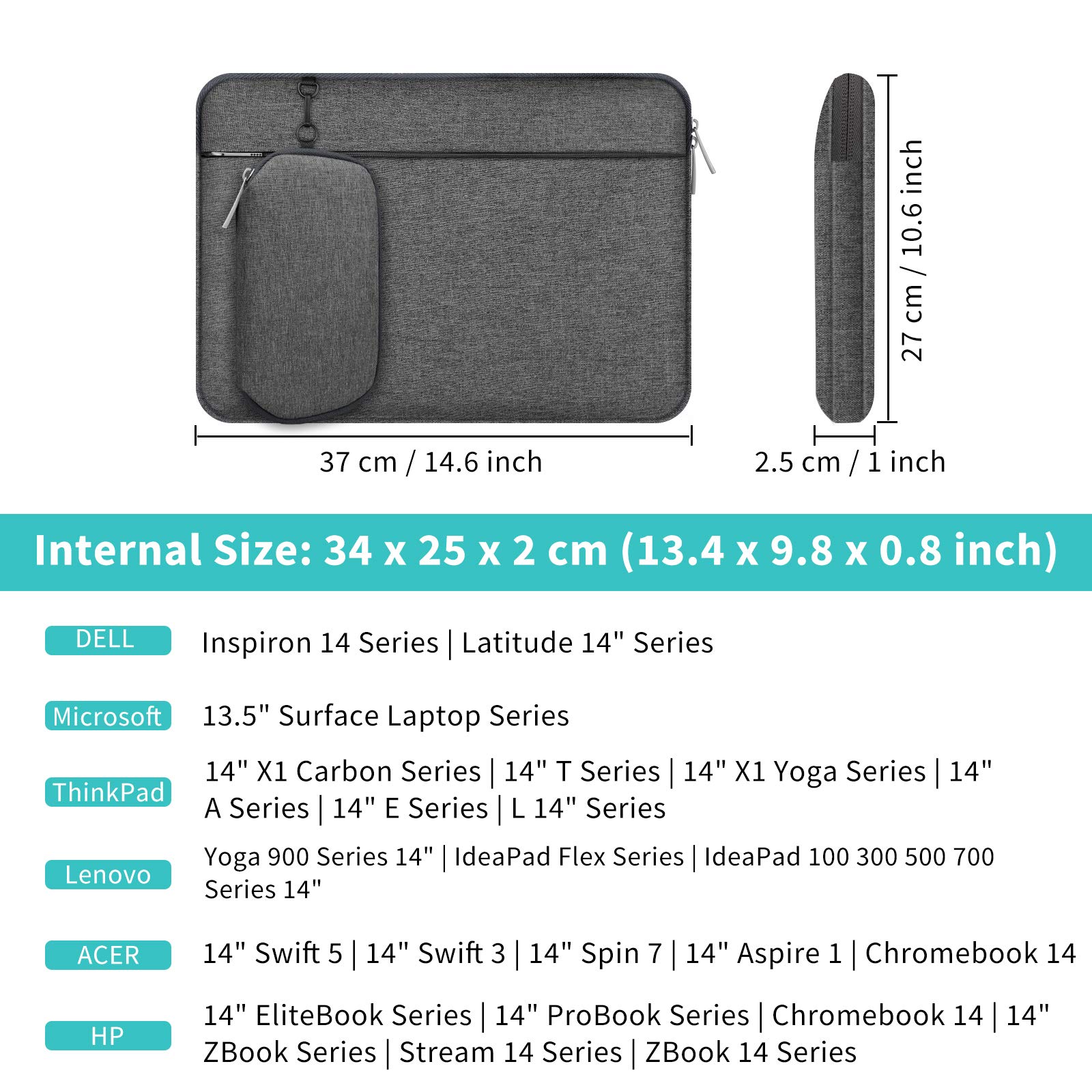 Waterproof 14-14.2 Inch Laptop Sleeve Case - Shock Resistant Lightweight Bag with Accessory Pocket & Detachable Small Bag - Protective Cover for 14.2