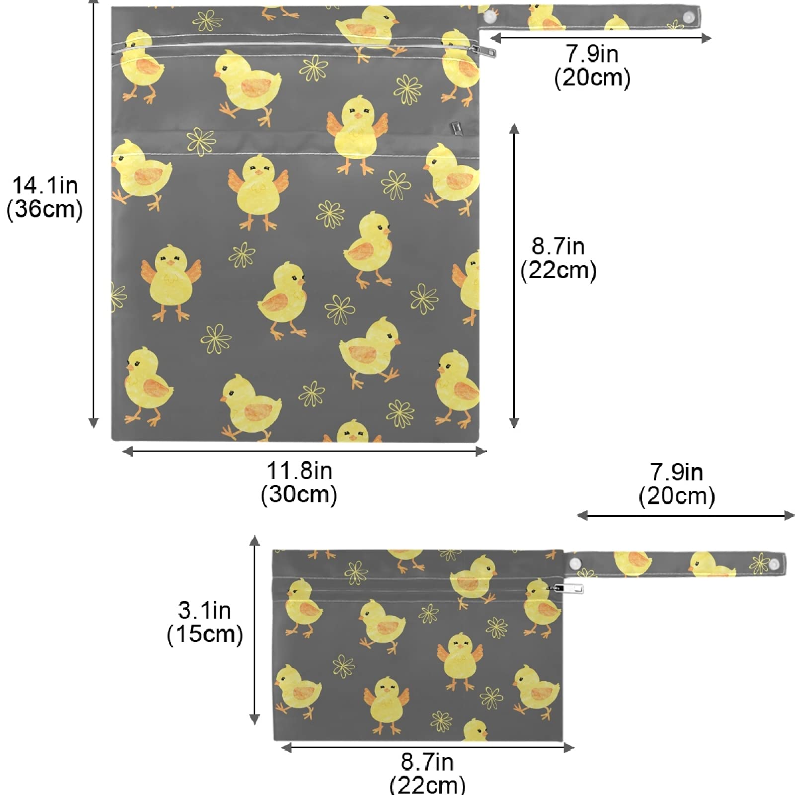 Visesunny 2-Pack Cute Chick Wet Bags with Zipper Pockets - Reusable Waterproof Diaper Bag for Baby Care, Travel, Beach & Pool - Perfect for Daycare, Stroller, Gym Clothes & Swimwear Storage