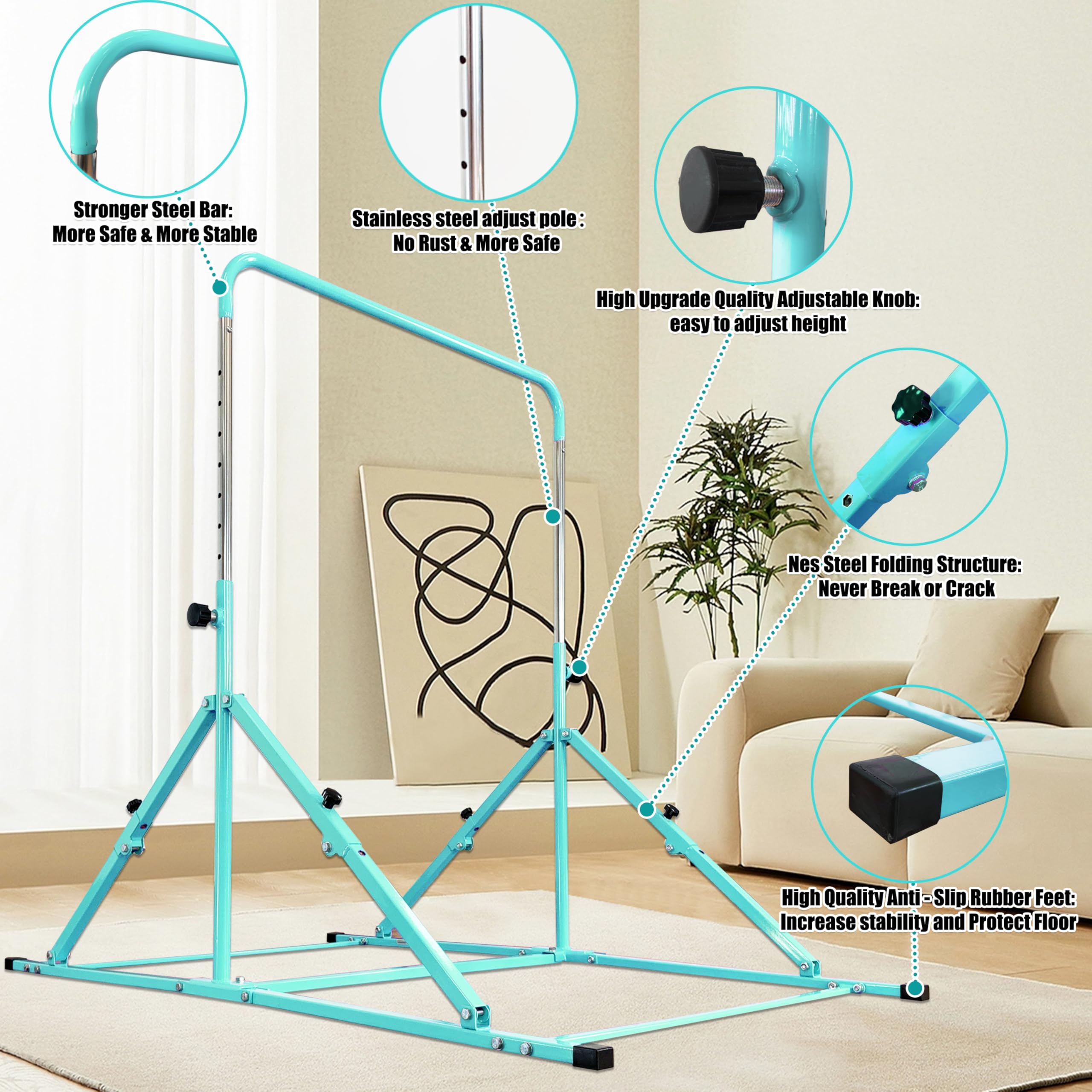 Upgrade Foldable Gymnastic Bar with Mat for Kids Ages 3-12 | 200 lbs Weight Capacity | Adjustable Height Kip Bar | Home & Gym Training Equipment | Perfect for Backyard Play, Indoor Gymnastics Practice & Kids Fitness Training