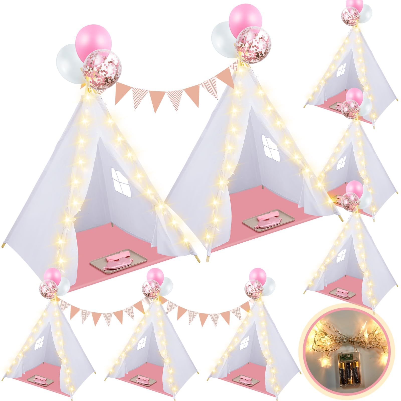 Windyun 8-Pack Kids Teepee Tent with Light Blankets & Trays - Natural Cotton Play Tent for Toddlers, Washable Children's Sleepover Teepee for Boys & Girls - Indoor/Outdoor Slumber Party & Birthday Gift - Perfect for Playrooms, Backyards & Birthday Celebrations