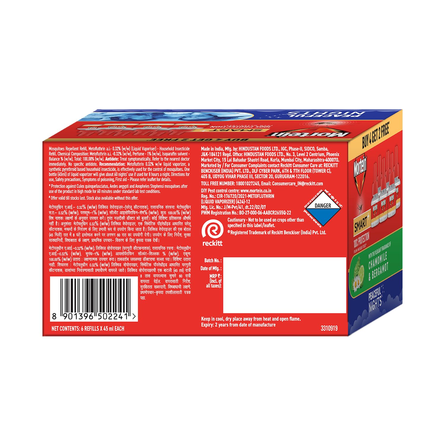 Mortein SmartPlus Mosquito Repellent Refill 45ml x 6 Pack - Buy 4 Get 2 Free | Fits All Electric Mosquito Killers | 100% Protection Against Dengue & Zika Mosquitoes | Ideal for Home, Bedroom, Outdoor & Travel Use