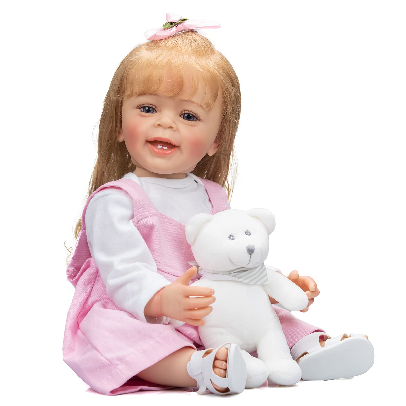 22 Inch Realistic Silicone Baby Doll - Lifelike Blonde Girl with Long Hair & Teeth, Pink Outfit - Perfect Gift for Kids Birthday, Role Play, Nursery Decor & Emotional Development