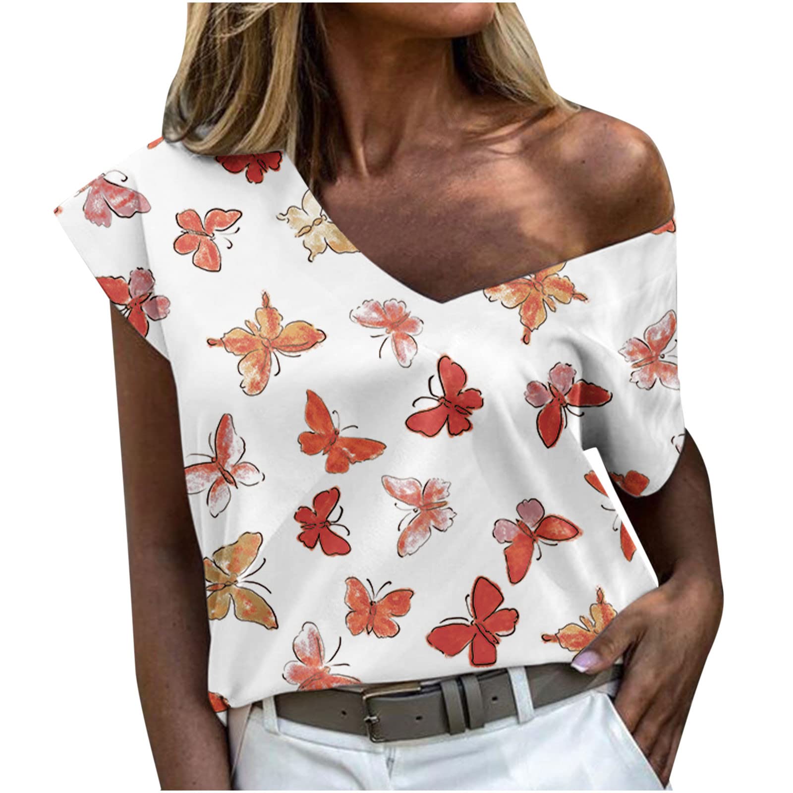 Women's V-Neck Vintage Butterfly Graphic T-Shirt - Sexy Loose Tunic Tee for Summer, Casual Short Sleeve Top | Perfect for Beach Outings, Date Nights & Weekend Wear