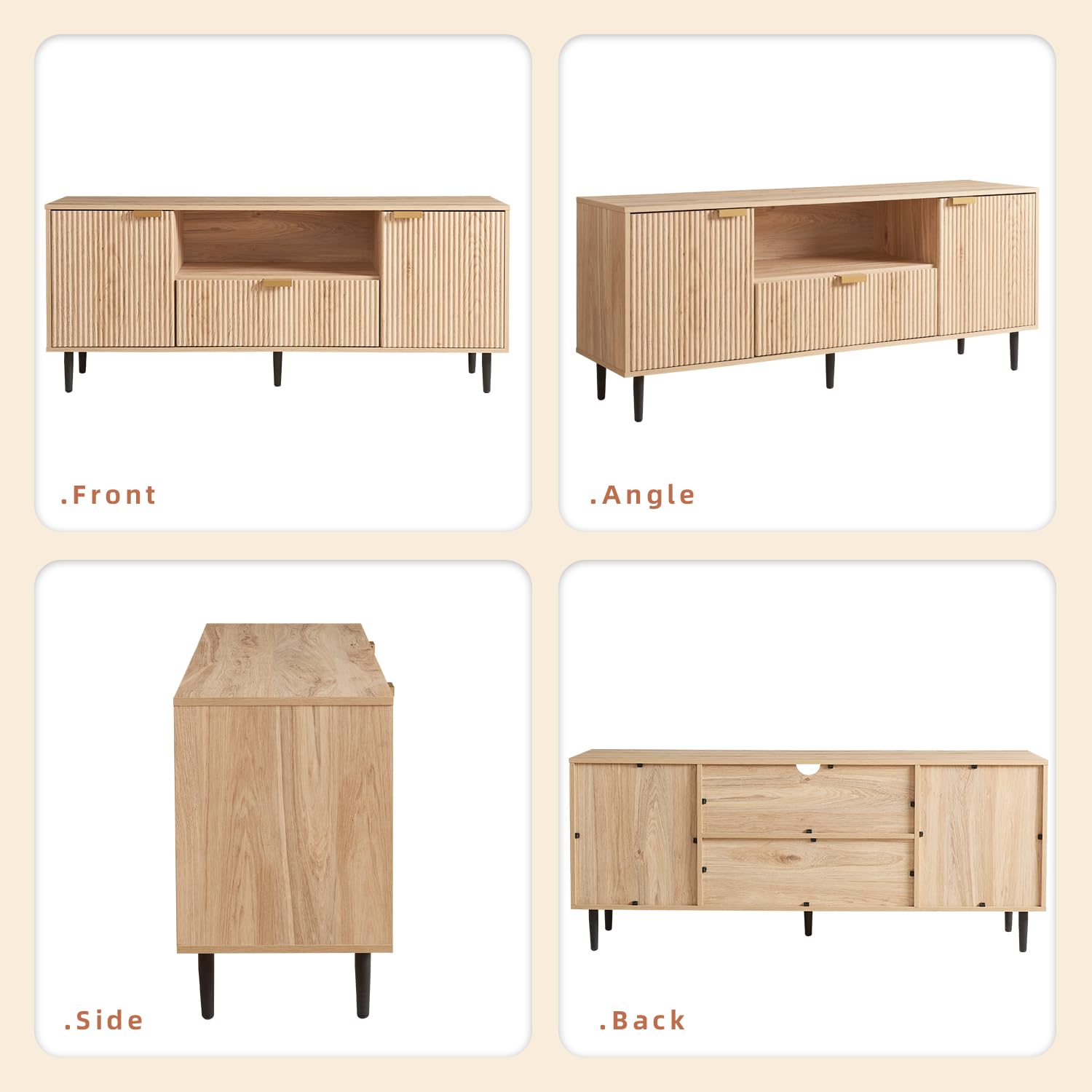 Modern Oak TV Stand for 65 Inch TVs - Wood Fluted Media Console with Soft Hinge & Storage Drawer - Living Room Entertainment Center for Home Theater & Gaming Setup