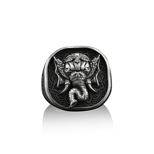 Namaste Elephant Handmade Sterling Silver Men's Signet Ring - Elephant Animal Buddhist Jewelry for Men - Perfect for Gifts, Spiritual Wear & Fashion Accessories