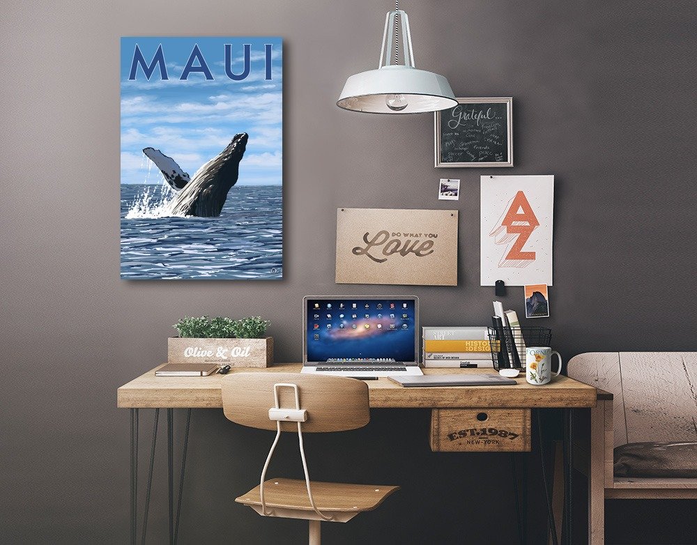 Lantern Press Maui Hawaii Humpback Whale Wrapped Canvas Wall Art - 16x24 Inches Ocean Themed Home Decor for Living Room, Bedroom & Office