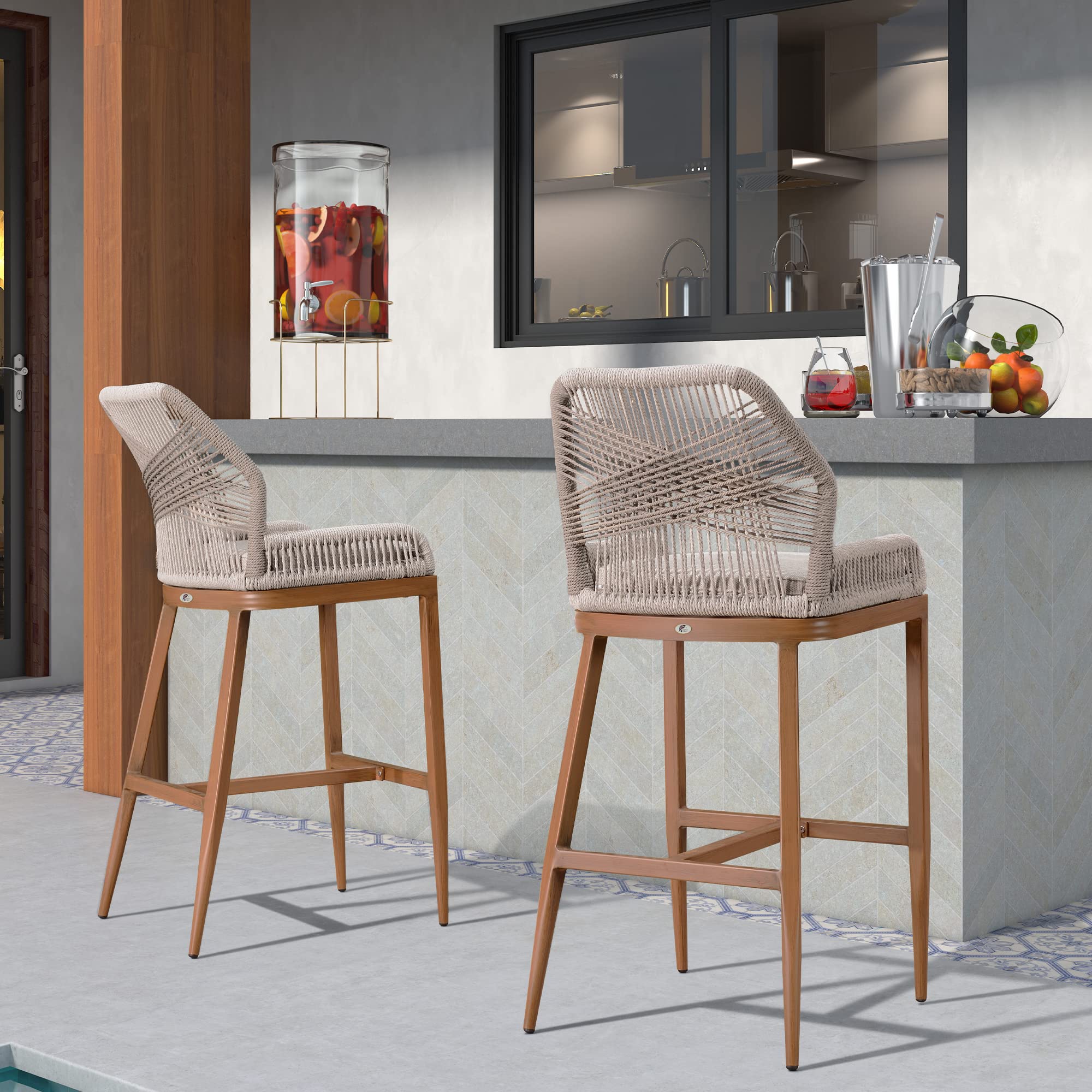 PURPLE LEAF Outdoor Bar Stools Set of 2 - Modern Counter Height Patio Chairs with Backrest & Armrest, Includes Cushions - Perfect for Backyard, Deck, Poolside & Outdoor Dining