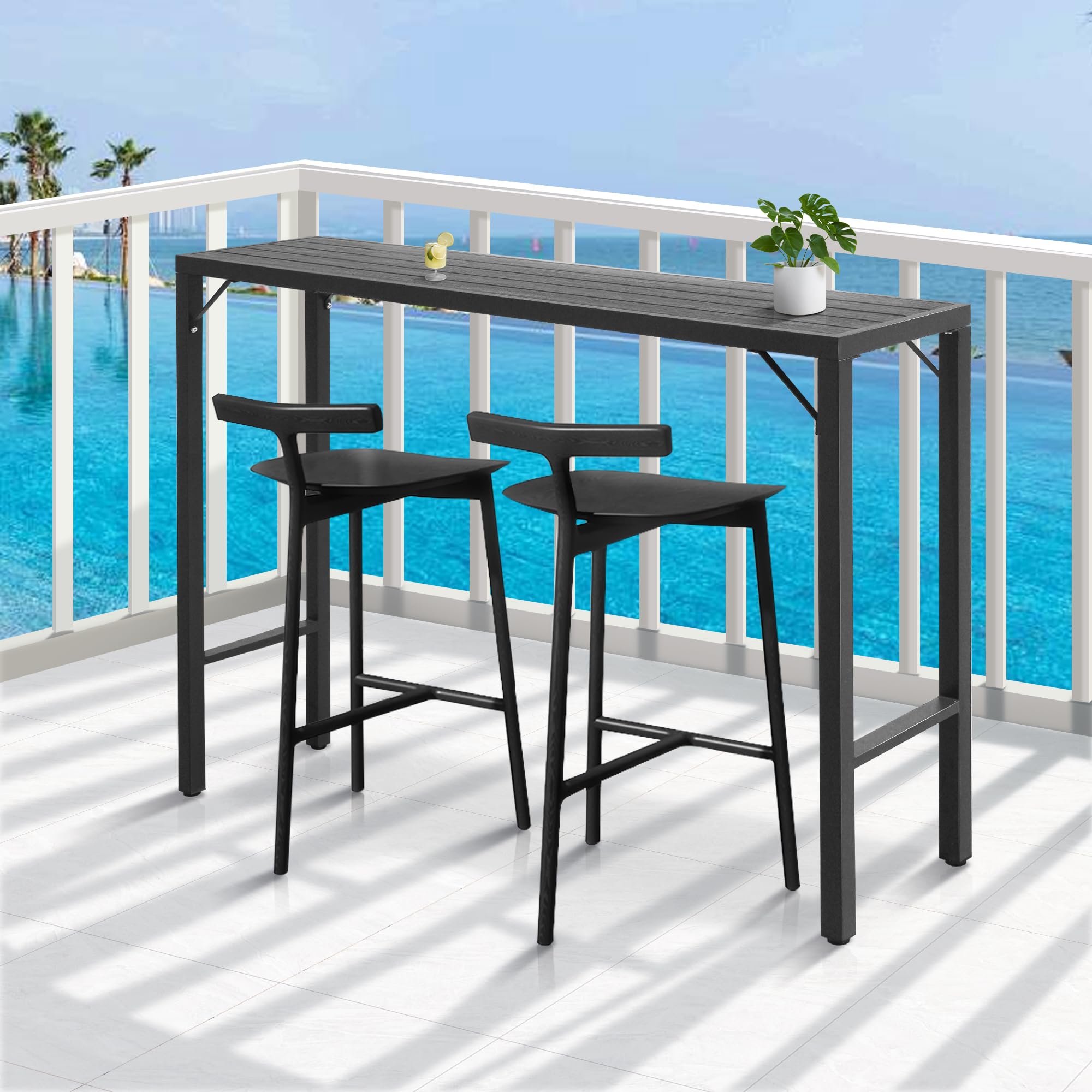 55 Inch Outdoor Bar Table - Patio Bar Height Counter with Waterproof Top for Balcony, Garden, Yard & Poolside - Black Pub Dining Table for Outdoor Entertaining & Relaxation