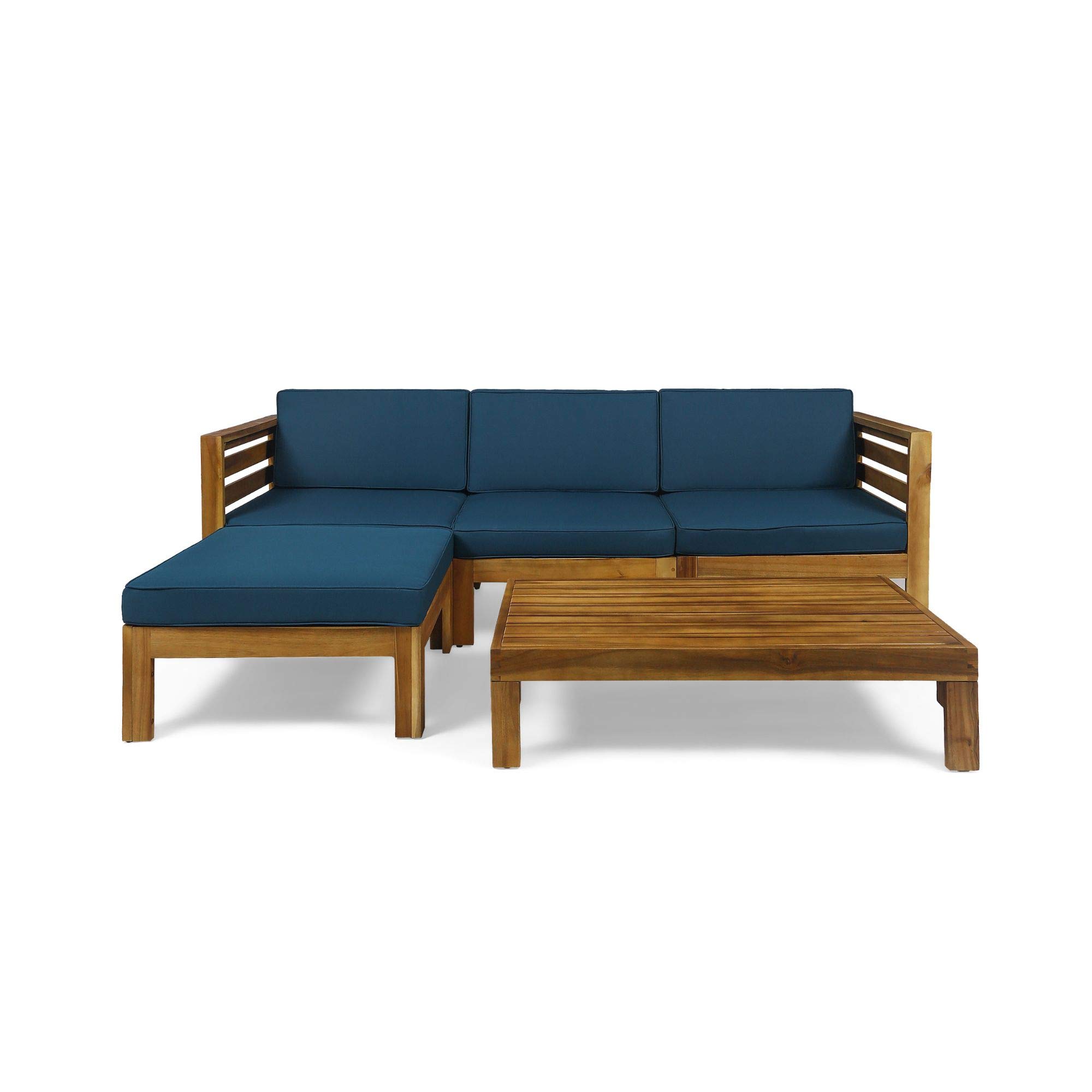 5-Piece Teak Finish Outdoor Patio Sofa Set with Dark Teal Cushions - Modern Wooden Garden Furniture for Backyard, Poolside & Terrace Relaxation