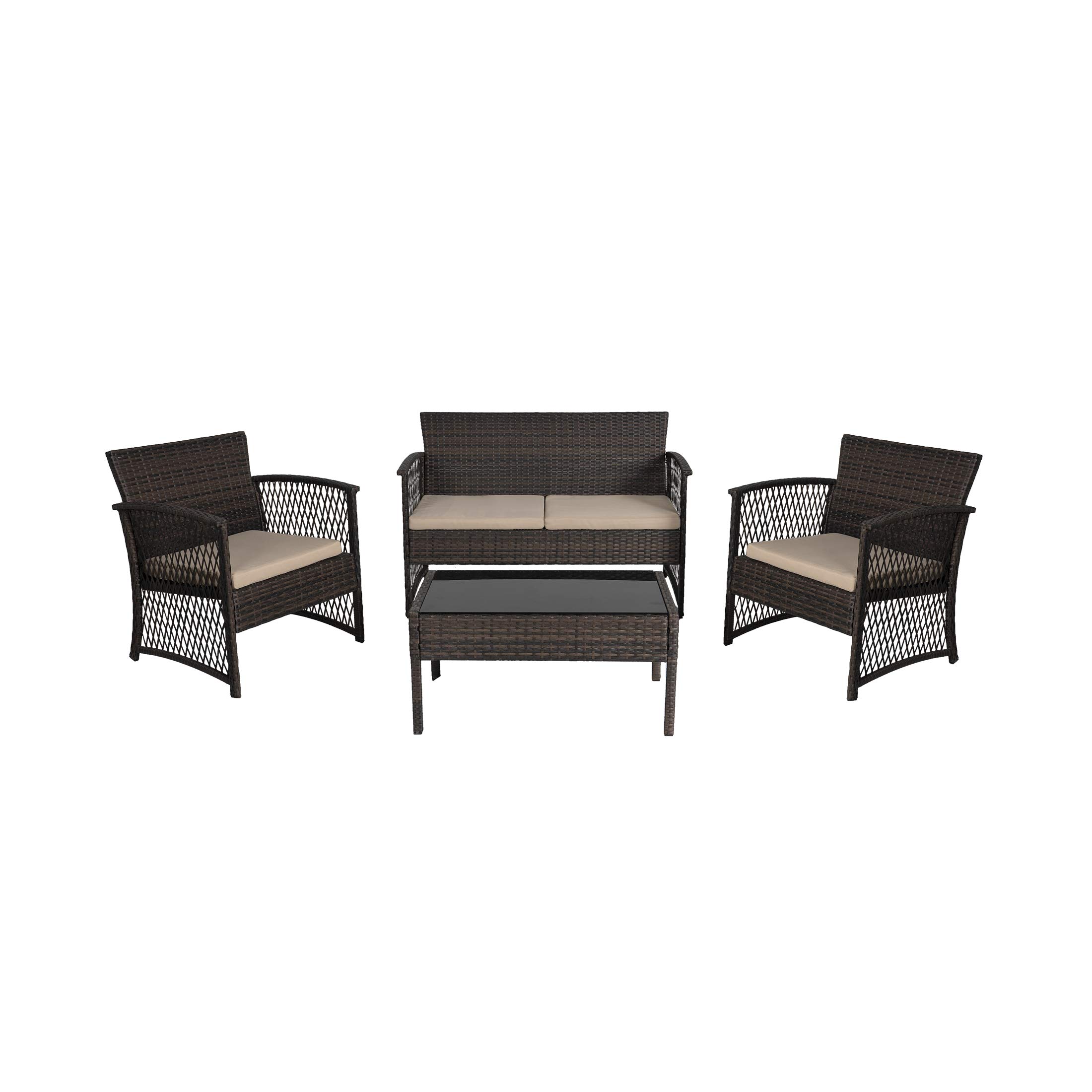 Contemporary 4-Piece Wicker Rattan Outdoor Patio Conversation Sofa Set with Cushions & Coffee Table - Coffee/Beige - Perfect for Backyard, Garden, or Poolside Relaxation
