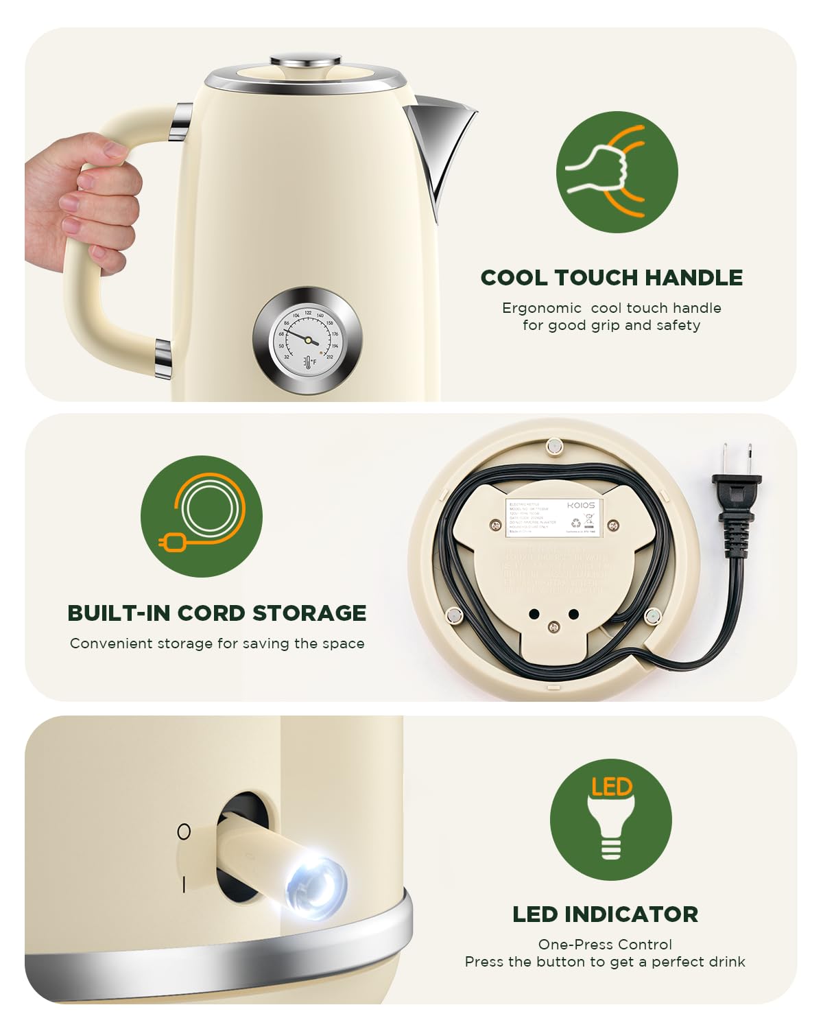 1.8L Electric Kettle with Temperature Control - 1500W Fast Boiling Stainless Steel Tea Kettle - Retro Style with LED Light, Auto Shut-Off & Boil-Dry Protection - Perfect for Home, Office & Tea Enthusiasts