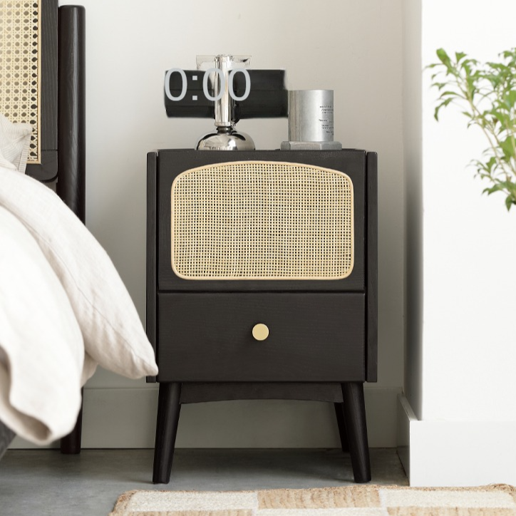 Vintage Oak Solid Wood Nightstand with Rattan Accents - Black Retro Bedside Table for Bedroom, Living Room, or Guest Room Decor