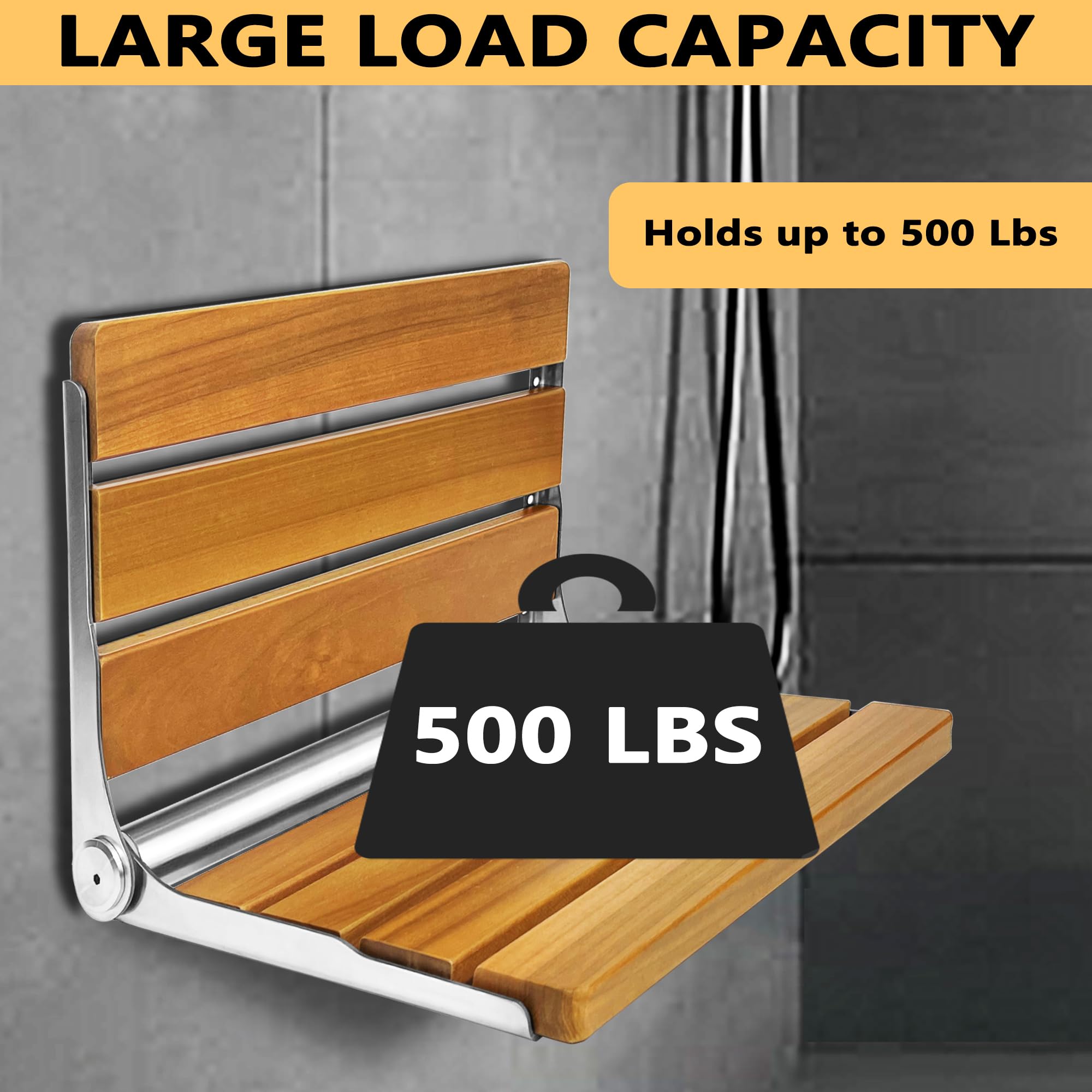 Premium Folding Teak Shower Seat - Stainless Steel Bath Safety Stool for Elderly & Disabled - Foldable Shower Bench with Non-Slip Feet - Perfect for Bathroom, Spa & Assisted Living Facilities