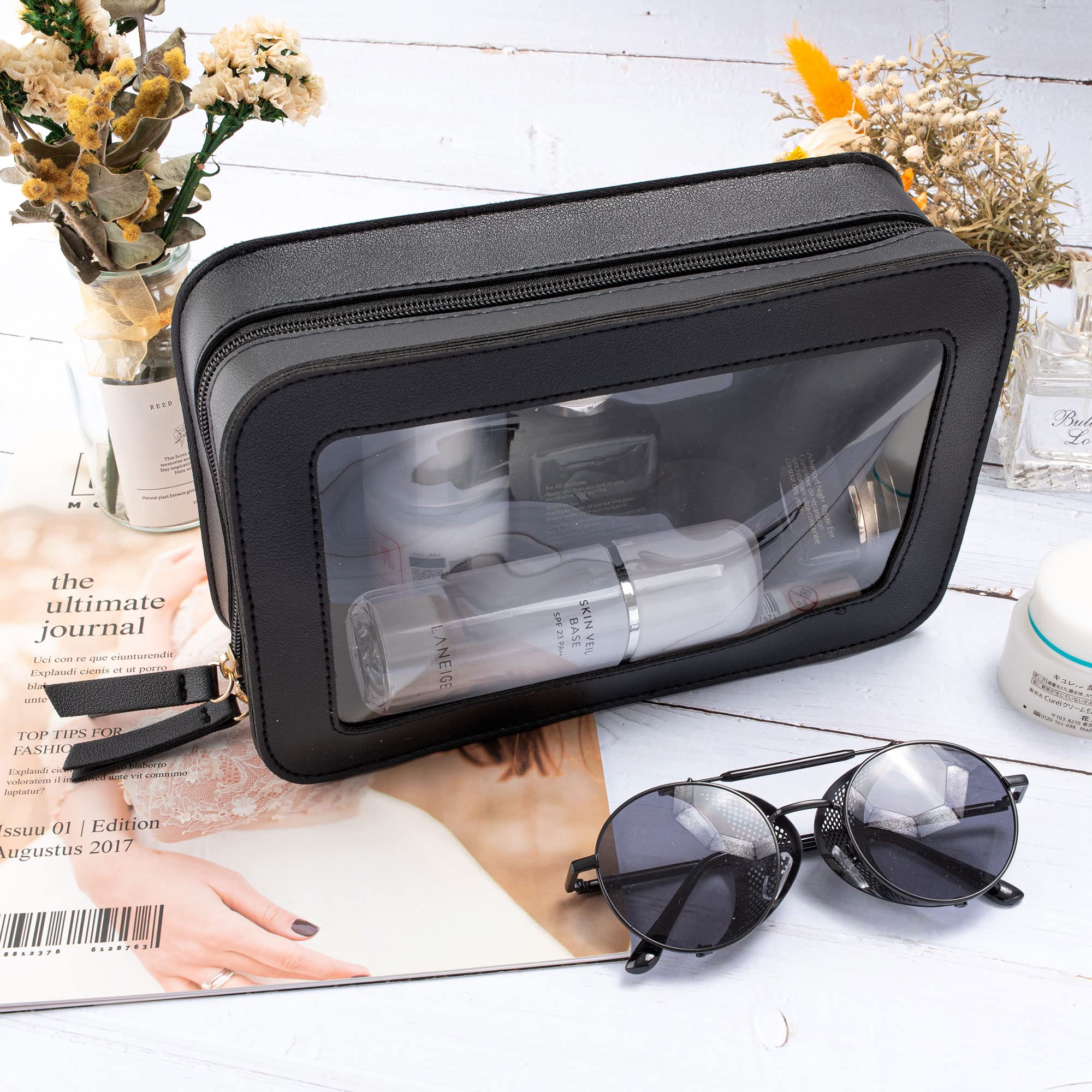 Clear Travel Toiletry Bag for Women & Men - Transparent Makeup Organizer, Cosmetic Pouch for Toiletries, TSA Approved Carry-On Essentials Bag (Black) - Perfect for Air Travel, Gym, Camping & Weekend Getaways