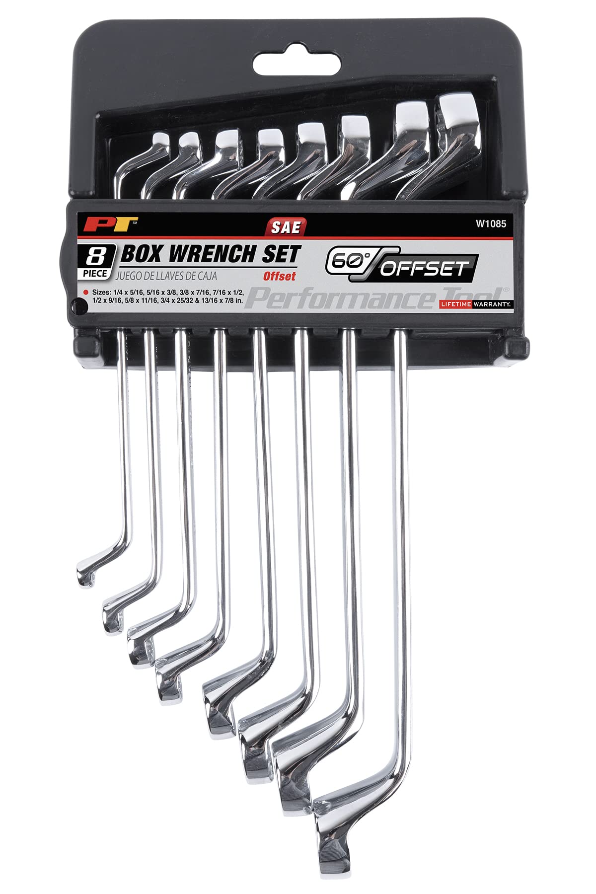 Performance Tool W1085 8-Piece Offset SAE Box Wrench Set - 12-Point Box End Design for Easy Access & Maximum Torque | Precision Machined Steel | Ideal for Automotive Repair, DIY Projects & Tight Spaces