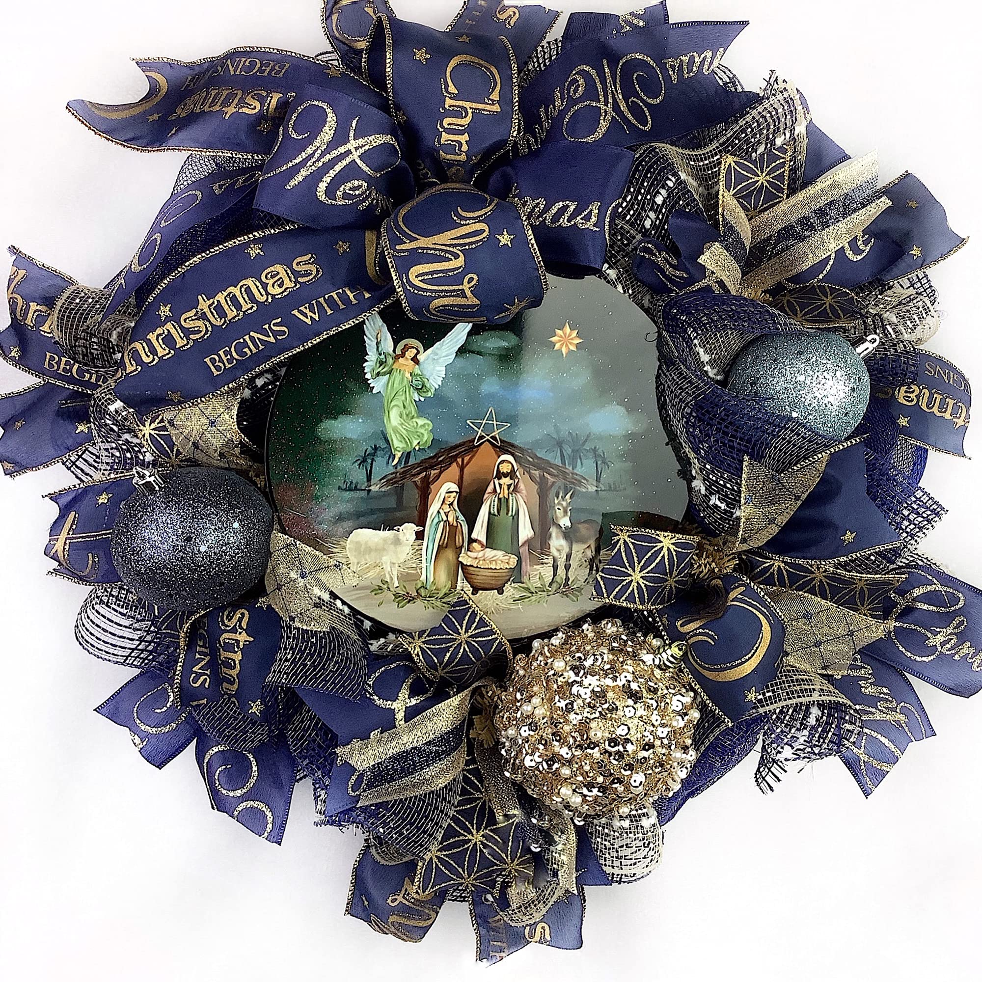 Nativity Christmas Wreath with Baby Jesus in Manger - Navy Blue & Gold Holiday Decor with Beautiful Ball Ornaments & Bow | Perfect for Front Door, Fireplace & Christmas Tree Decorations