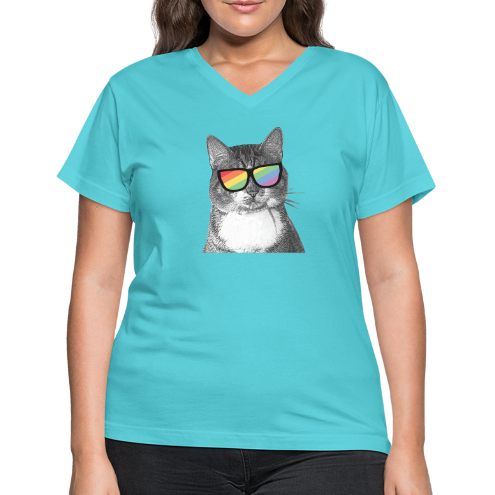 Pride Cat Contoured V-Neck T-Shirt for Women - LGBTQ+ Support Graphic Tee for Casual Wear & Pride Events