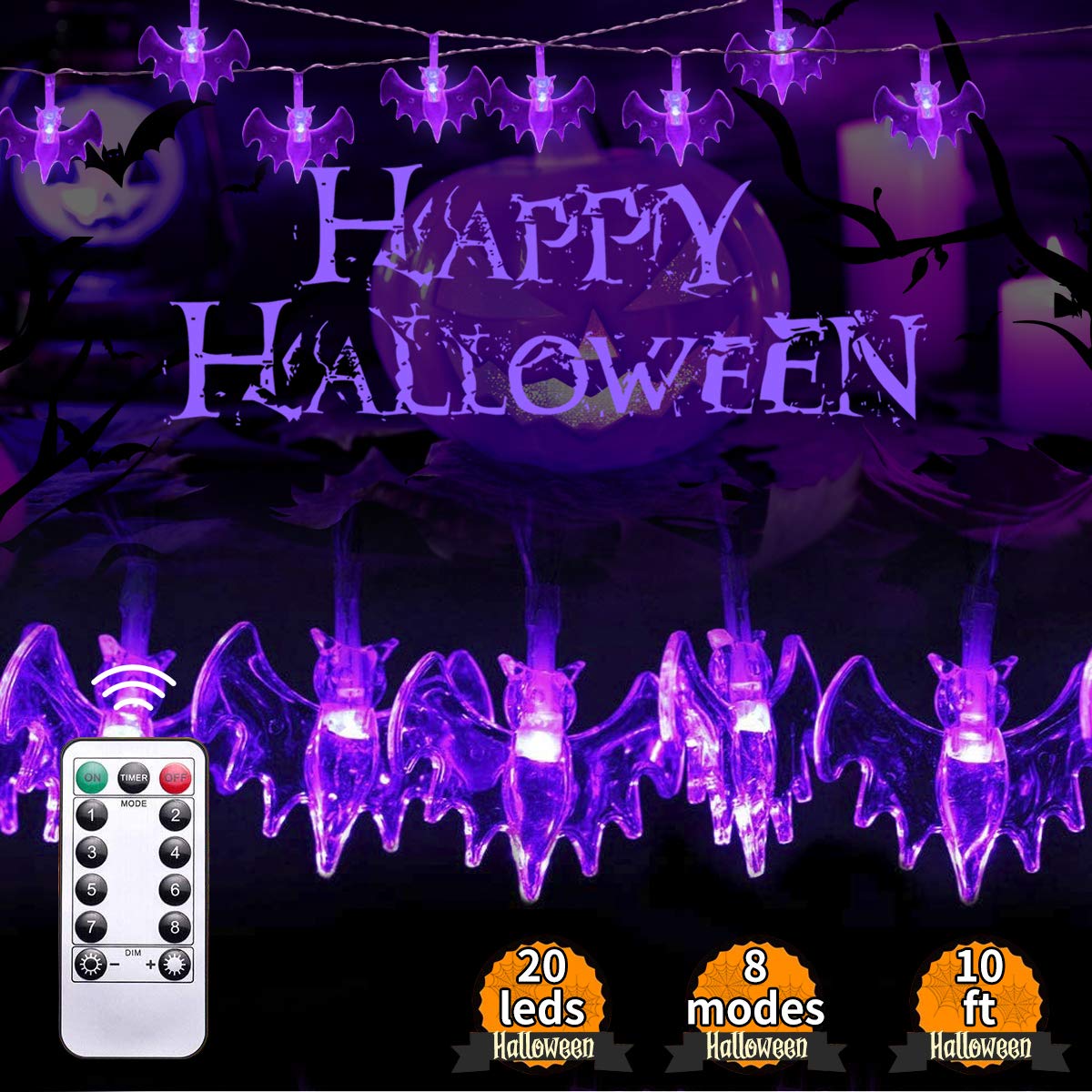 Kandice Halloween Bat String Lights - 8 Modes with Remote Control, Battery-Powered IP65 Waterproof Outdoor/Indoor Decorations - Perfect for Halloween Party, Yard, Porch, Window & Home Decoration