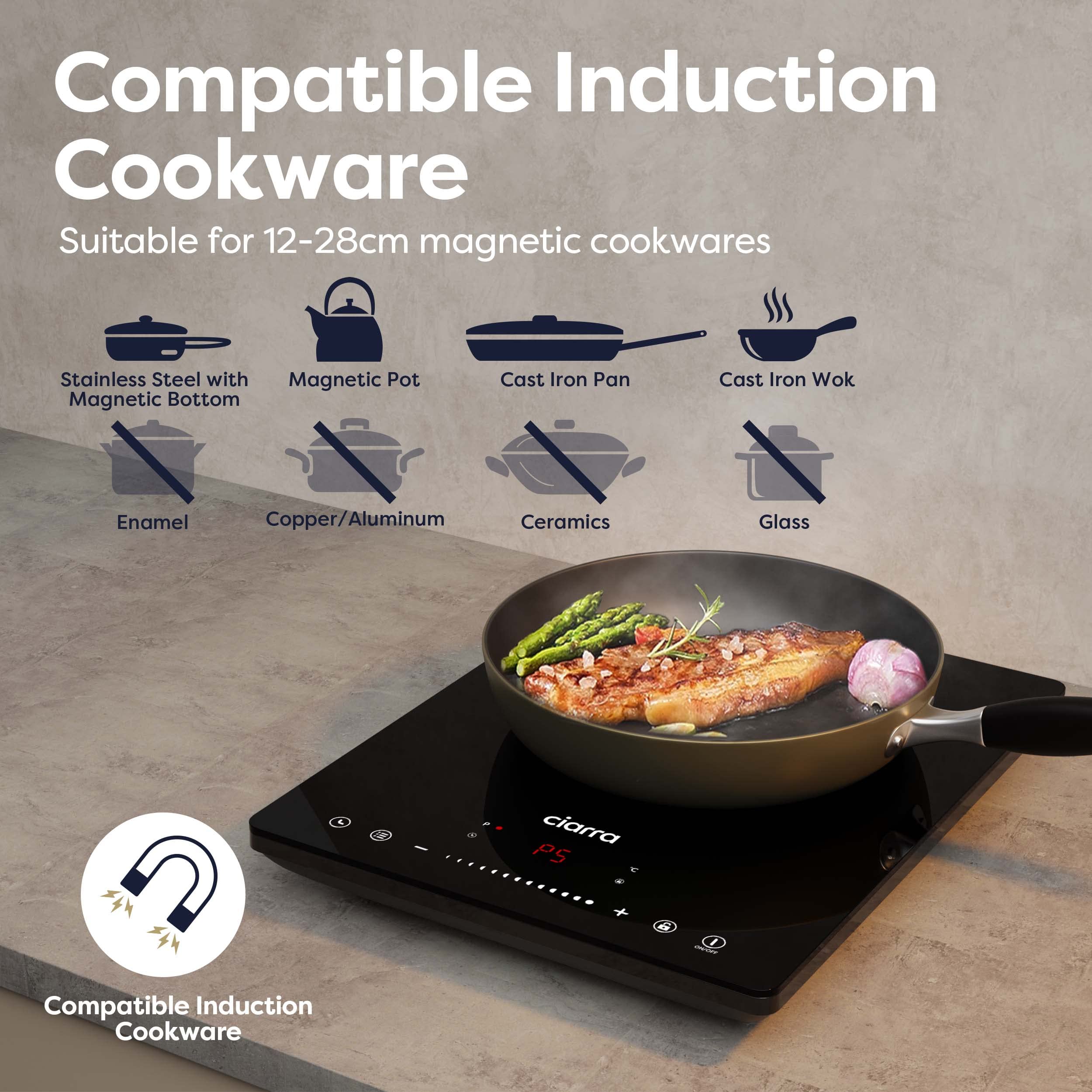 CIARRA CBTIH1 2000W Induction Cooktop with 8 Power Levels, Touch Control, Child Safety Lock, Auto Shut-Off & Multiple Timers - Black Ceramic Glass Surface for Fast, Safe & Energy-Efficient Cooking - Perfect for Home, Kitchen, Dorm & RV Use