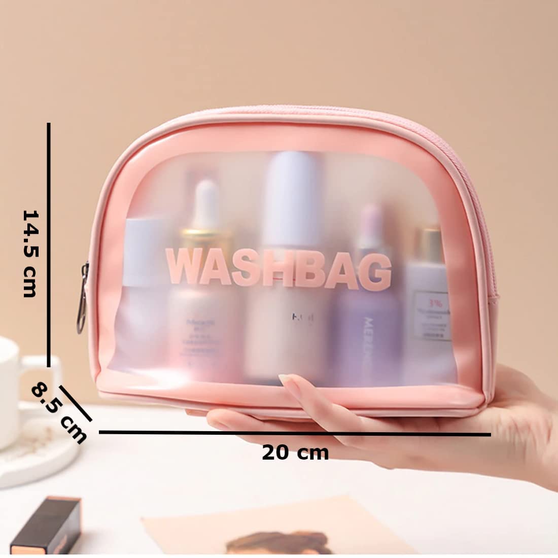 VIBGYOR Clear PVC Travel Toiletry Bag - Waterproof Cosmetic Organizer for Women, Transparent Makeup Bag with Semicurve Design (Pink) - Perfect for Travel, Gym, and Daily Essentials Storage