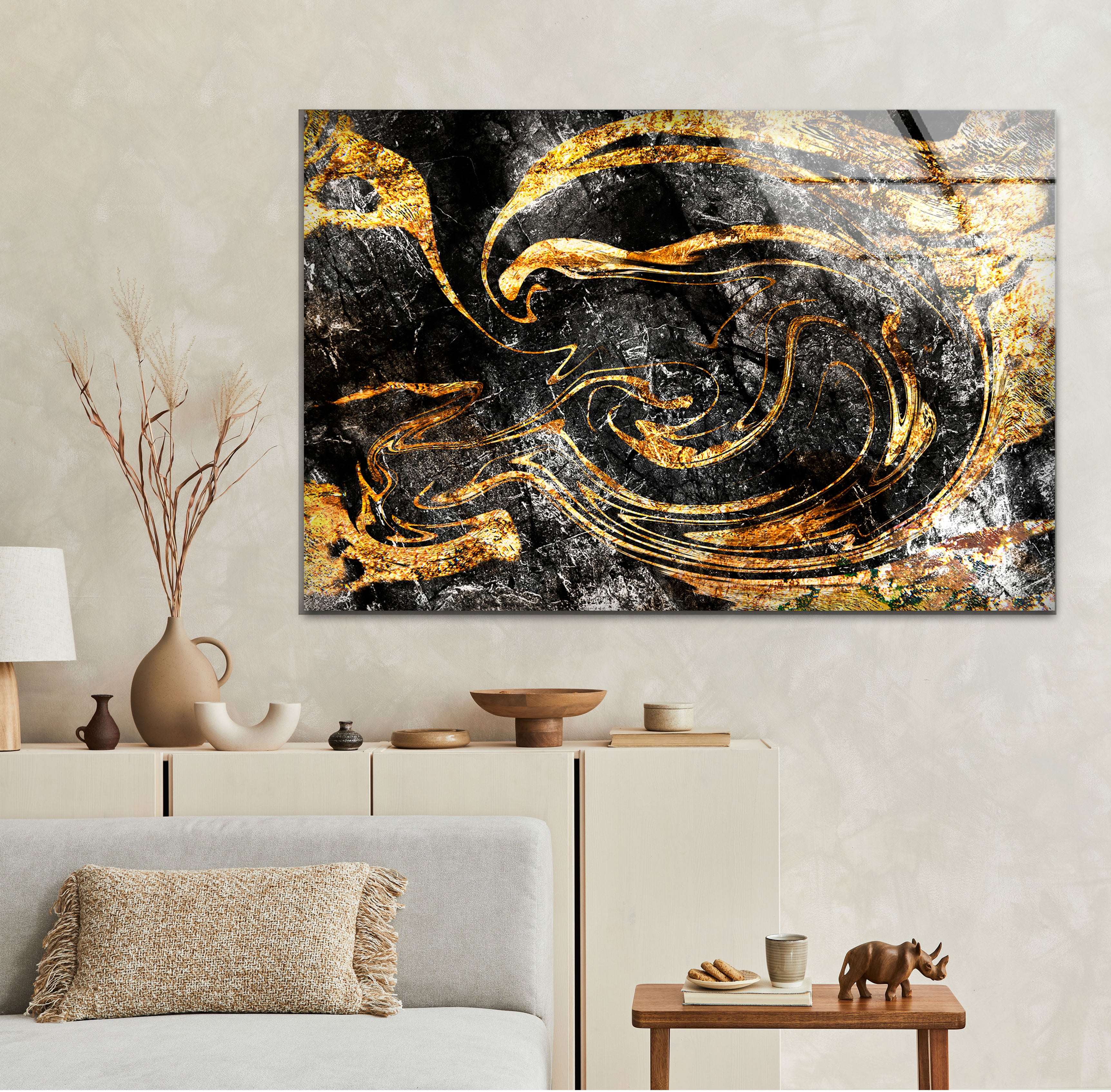 Black Gold Abstract Wall Art - Premium Textured Glass Print with Metallic Swirl Design for Modern Home & Office Decor | Perfect for Living Room, Bedroom or Contemporary Spaces