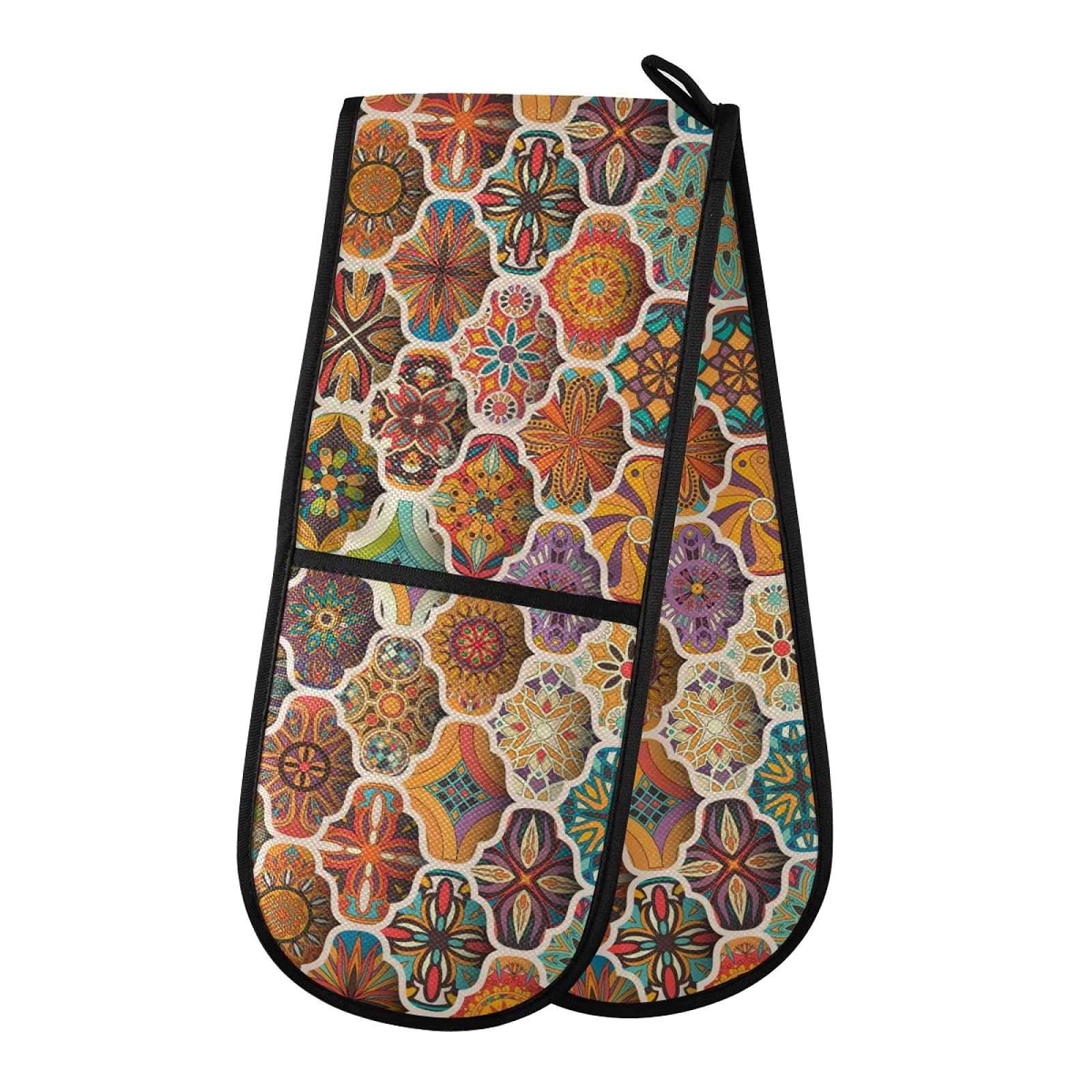 Heat Resistant Double Oven Mitts - Moroccan Floral Mosaic Pattern BBQ Gloves for Baking, Grilling & Microwave Use - Perfect for Kitchen, Camping & Outdoor Cooking
