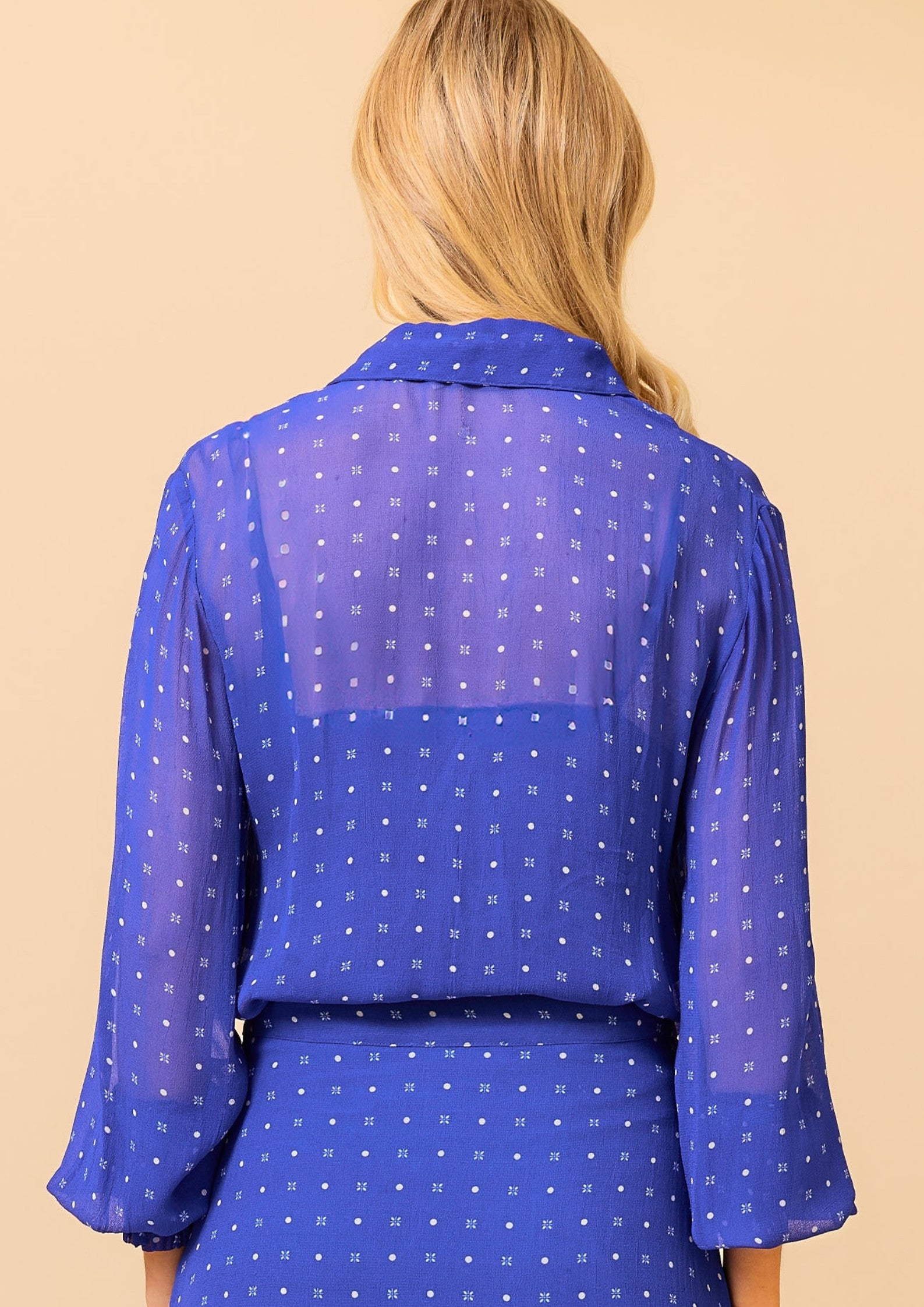 Ffion Women's Polka Dot Cobalt & White Blouse - Stylish Casual Shirt for Work, Date Night & Spring Outfits