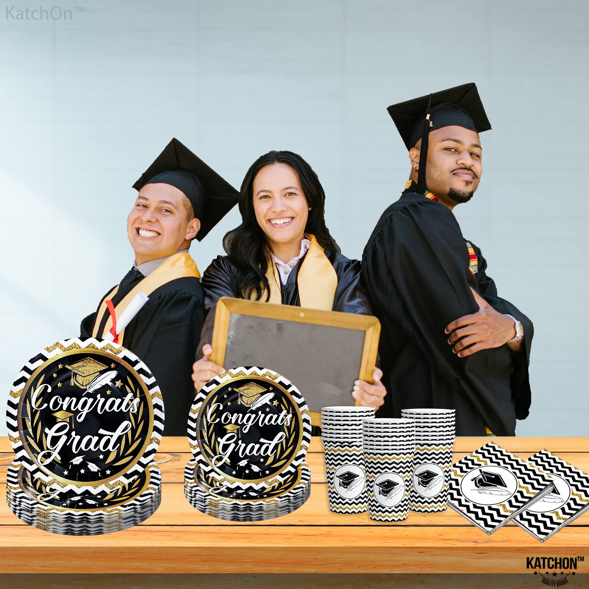 KatchOn 2025 Graduation Party Plates & Napkins Set - 44-Pack Black & Gold Congrats Grad Decorations for Commencement Celebrations | Perfect for Graduation Ceremonies, Open Houses & Senior Parties