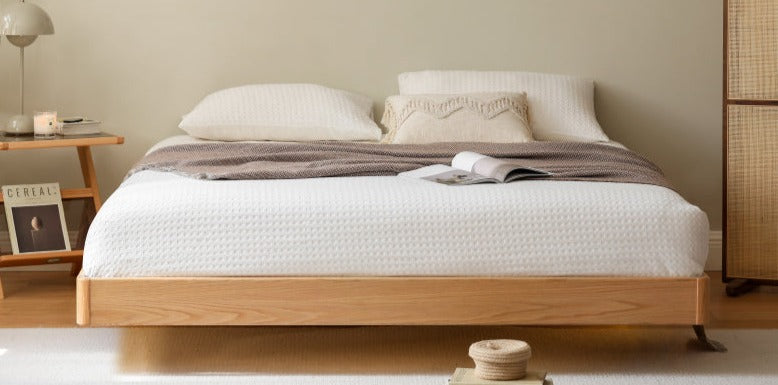 Solid Oak Wood Floating Platform Bed - No Headboard Modern Minimalist Bed Frame with LED Lights for Bedroom, Guest Room, or Studio Apartment