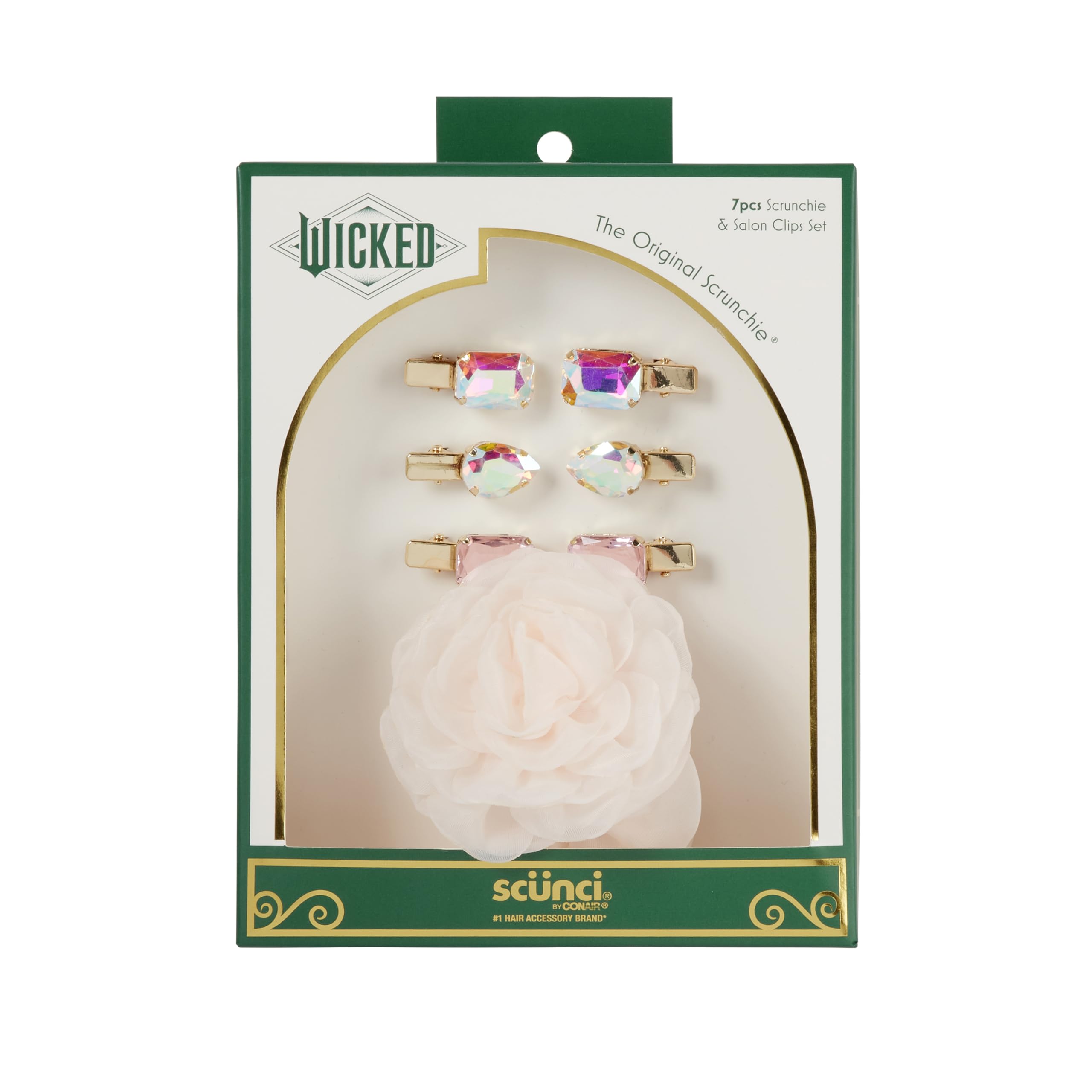 Wicked Glinda Scrunchie & Hair Clip Set - 7 Piece Hair Accessories for Women & Girls | Gift for Her | Scunci by Conair | Perfect for School, Parties & Everyday Styling