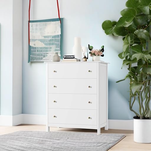 HOUSUIT White Dresser with 4 Drawers - Modern Wooden Storage Cabinet for Bedroom, Living Room, Entryway & Hallway - Ivory White Chest of Drawers for Home Organization & Decor
