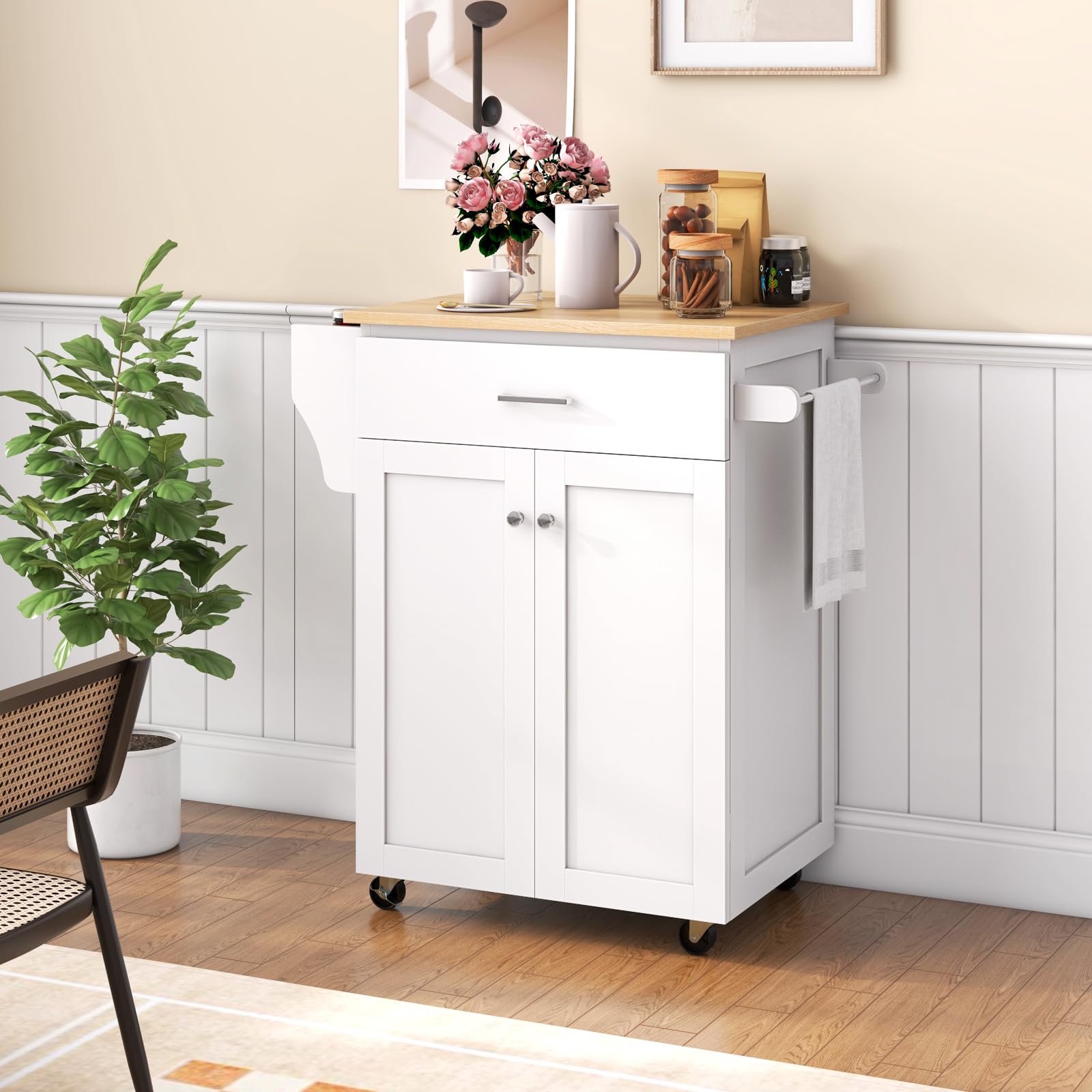 Giantex Rolling Kitchen Island with Spice Rack, Large Drawer & Adjustable Shelf - Mobile Kitchen Cart on Wheels for Storage & Organization - Perfect for Small Kitchens, Dining Rooms & Pantry Use (White)