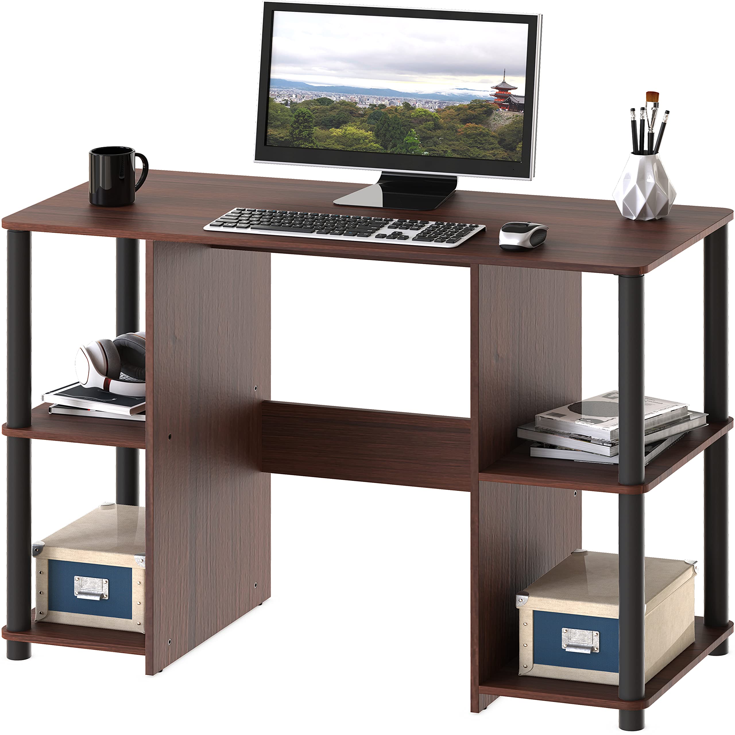 SHW Home Office Wood Desk with Double Sided Shelves - Cherry Finish Computer Writing Desk for Small Spaces, Study Room & Modern Workspaces