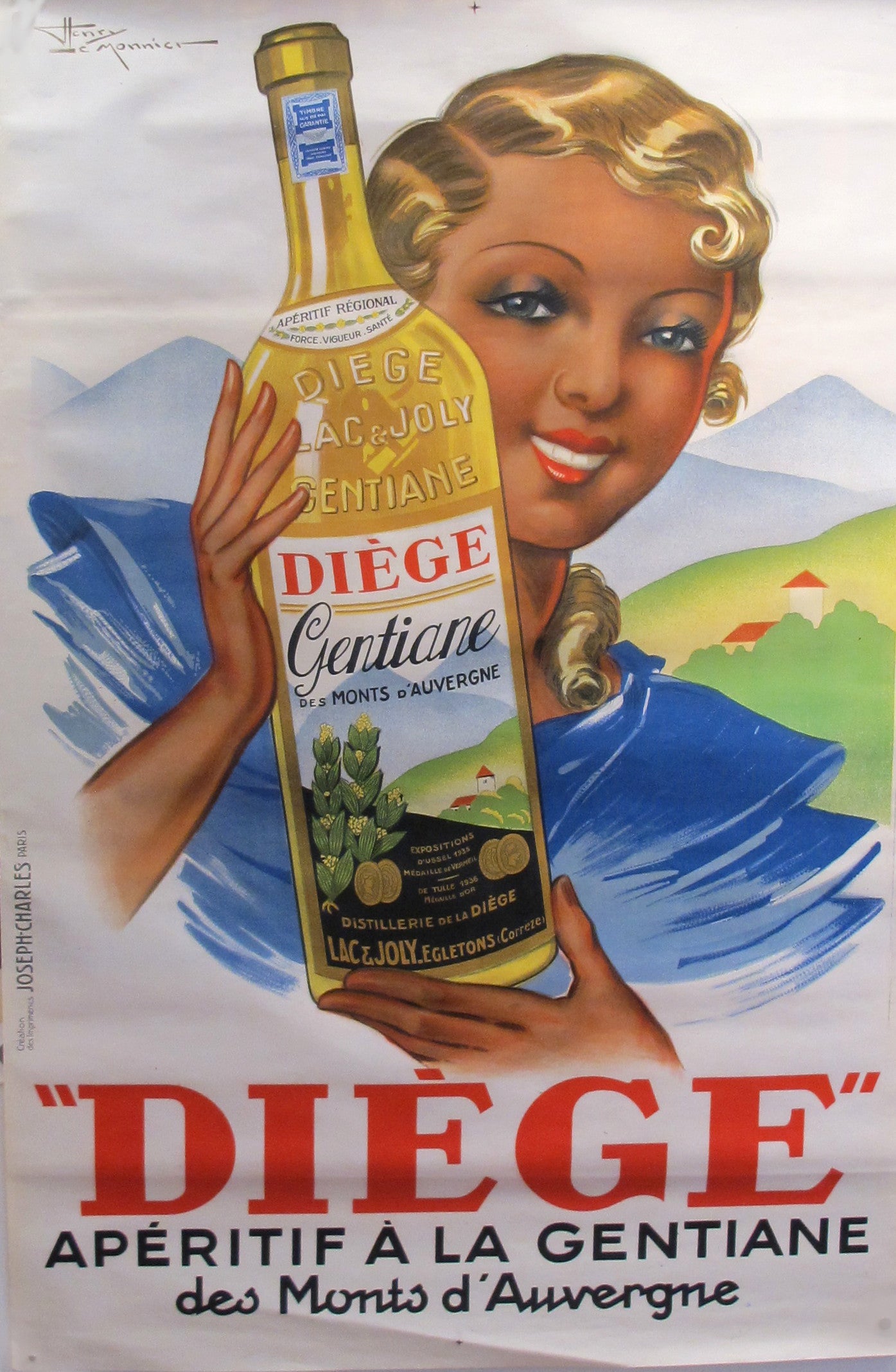 1936 French Art Deco Poster - Diege Aperitif a la Gentiane Vintage Print | Home Decor, Office Wall Art, Retro Bar Design