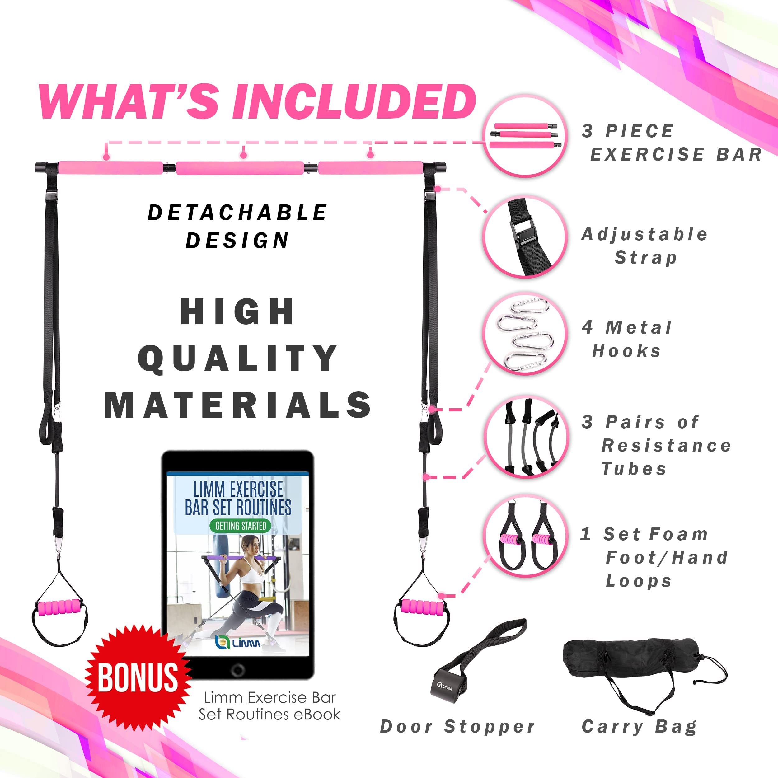Pilates Bar Kit with Resistance Bands - 3-Section Adjustable Yoga Stick for Home Workouts - Portable Exercise Equipment for Men & Women - Full Body Toning, Stretching & Yoga Training - Perfect for Home Gym, Office & Travel Fitness