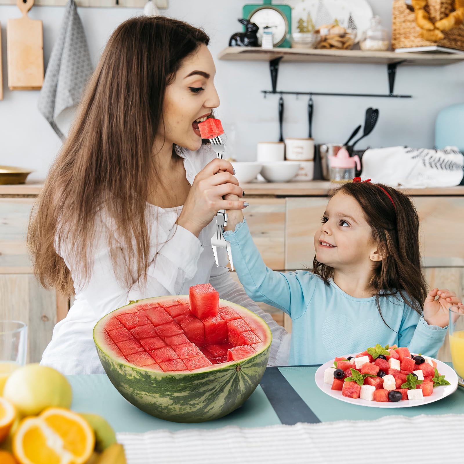 2-in-1 Stainless Steel Watermelon Cutter & Slicer - Portable Foldable Dual Head Fruit Fork & Knife for Kitchen, Picnics & Outdoor BBQ Parties