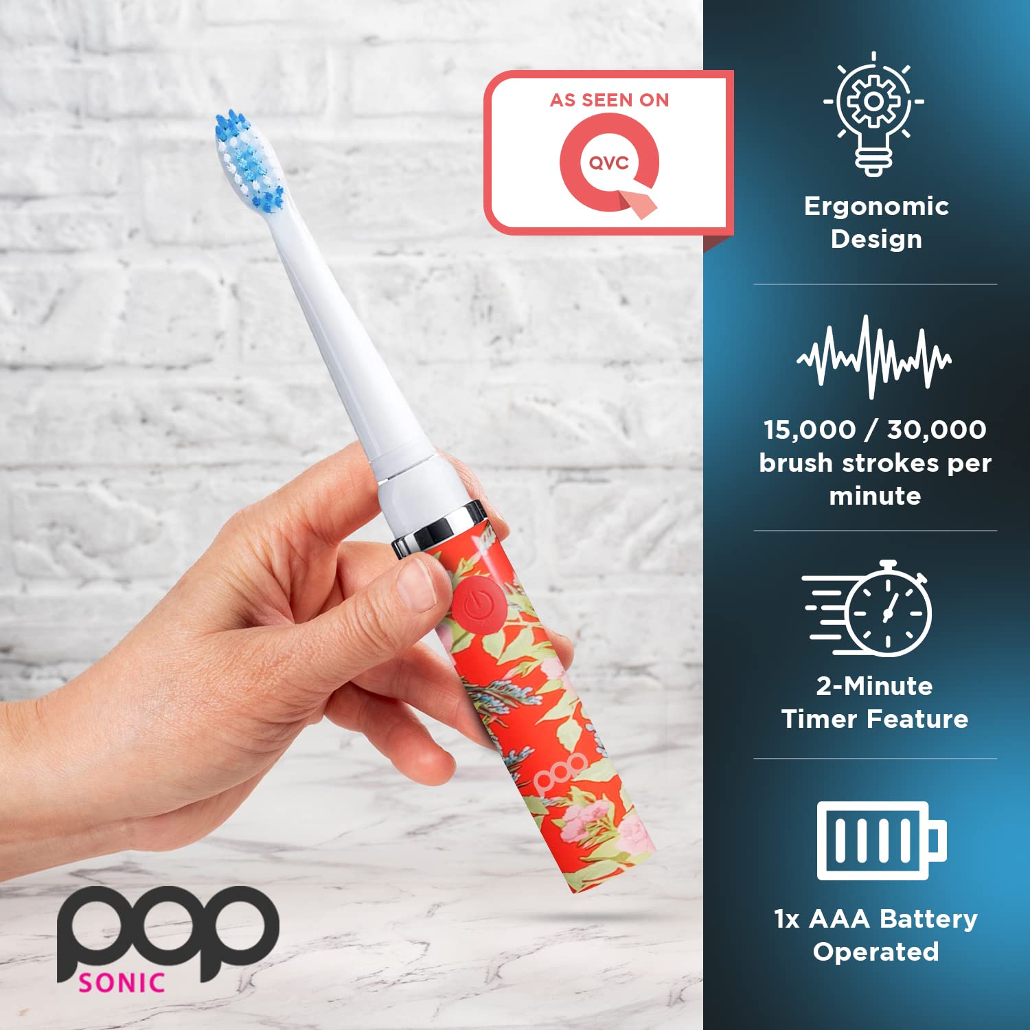 Pop Sonic Electric Toothbrush for Kids & Adults - Red Floral Design, 2 Speed Modes (15,000-30,000 RPM), DuPont Nylon Bristles, Battery-Powered Travel Toothbrush - Perfect for Home, Travel & Daily Oral Care