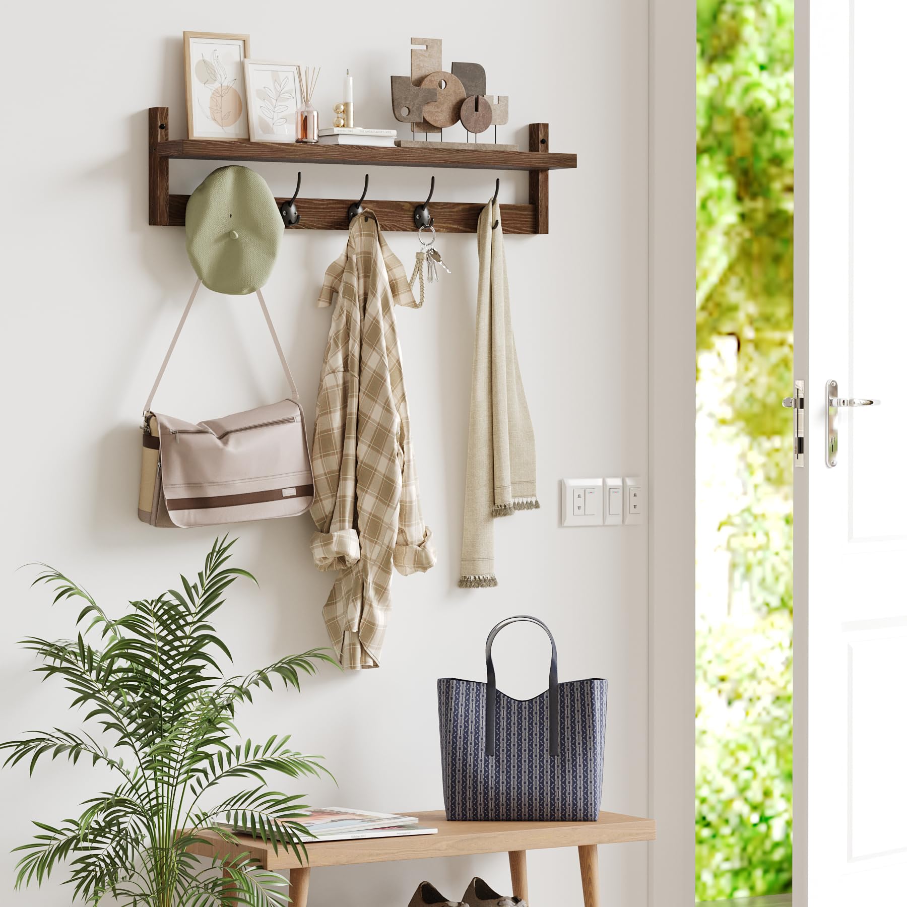 AMBIRD 28.9 Inch Wall Mounted Coat Rack with Shelf - 5 Dual Hooks for Entryway, Bathroom, Living Room & Bedroom - Solid Wood Hanging Organizer for Jackets, Hats, Bags & Towels (Brown) - Perfect for Small Spaces & Home Decor