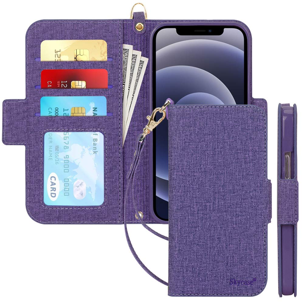 Skycase RFID Blocking Leather Wallet Case for iPhone 12 Pro Max (6.7 inch 2020) - Flip Folio Design with Card Slots & Detachable Hand Strap, Purple | Perfect for Business Travel, Daily Commute and Secure Contactless Payments