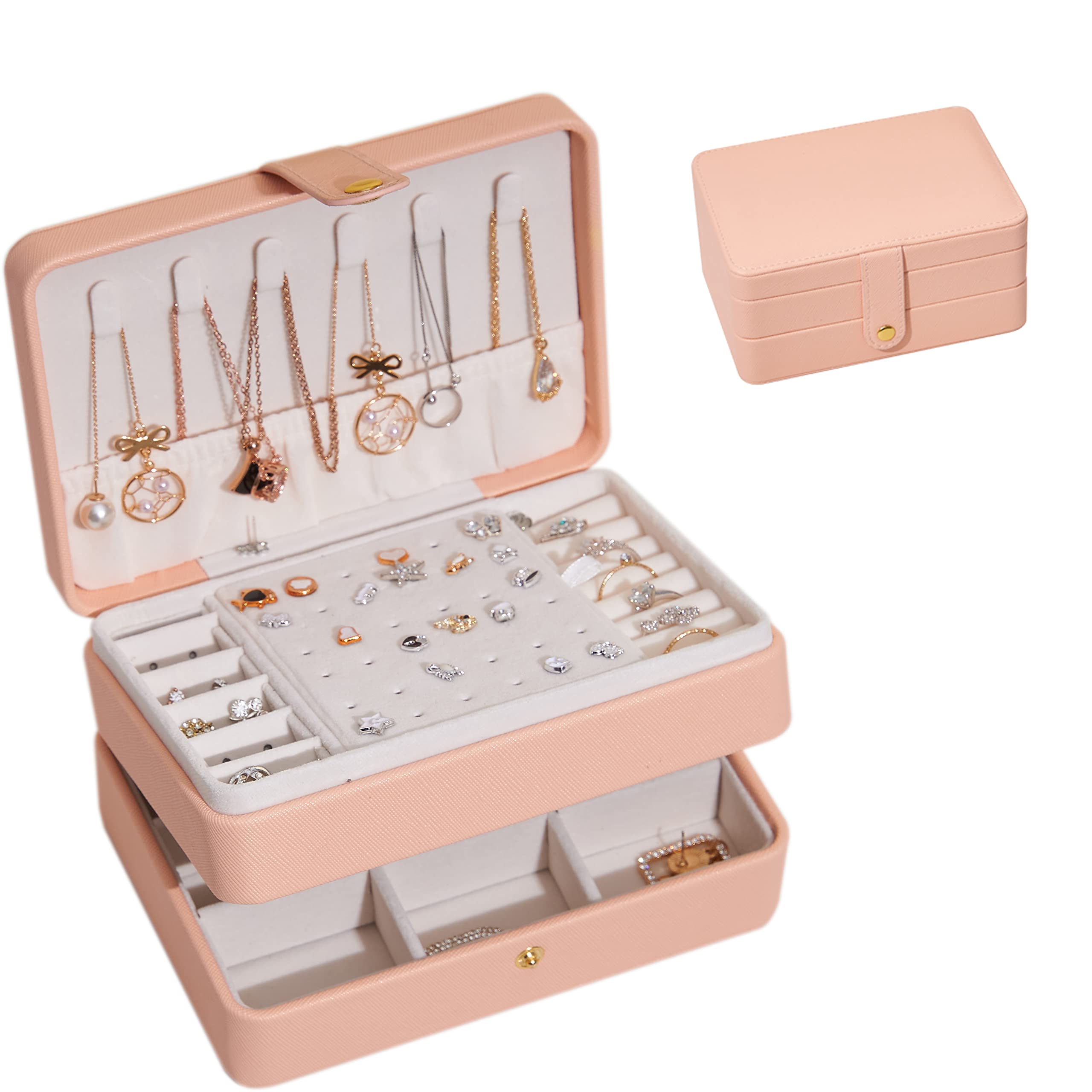 Luxury 3-Layer Travel Jewelry Organizer Box - Pink PU Leather Jewelry Case with Soft Velvet Interior for Rings, Earrings & Necklaces | Perfect for Women's Jewelry Storage, Travel & Gift Giving