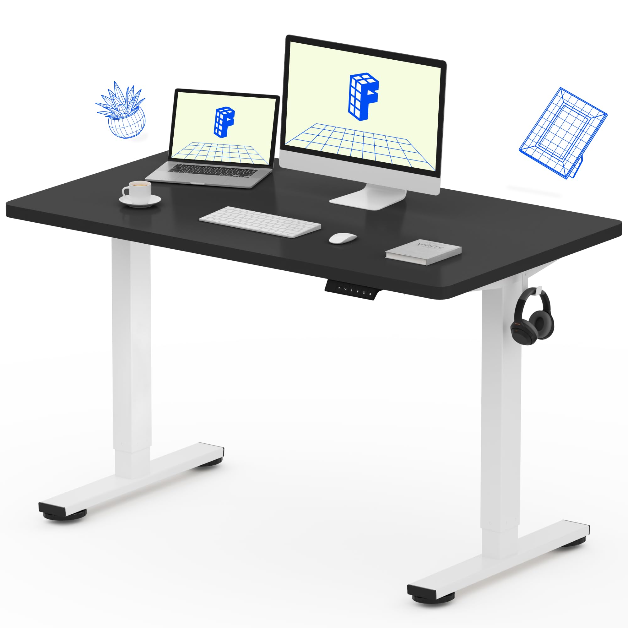 FLEXISPOT EN1 Electric Standing Desk 48 x 24 Inch - Adjustable Height Computer Desk for Home Office, White Frame & Black Top (2-Pack) | Ergonomic Sit Stand Workstation for Gaming, Studying & Remote Work