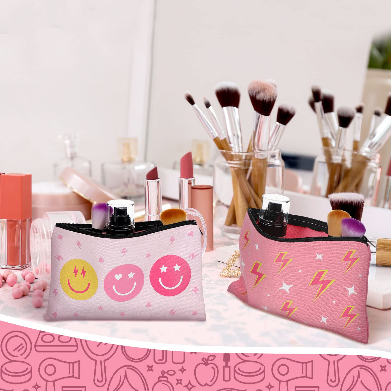 4 Pcs Pink Preppy Makeup Bags with Zippers - Large Cosmetic & Toiletry Organizer - Smile Leopard Design - Portable Travel Makeup Pouch for Women - Valentine's Gift Idea - Perfect for Travel, Gym & Daily Beauty Storage