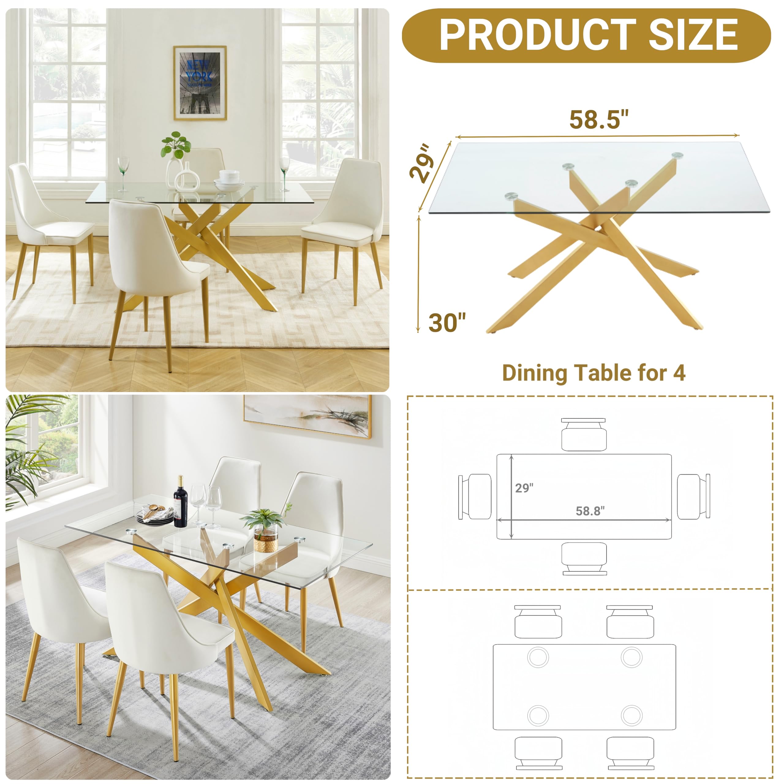 58.5 Inch Modern Rectangular Glass Dining Table - Tempered Glass Top with Gold Metal Tubular Legs - Perfect for Kitchen, Dining Room & Small Spaces (58.5