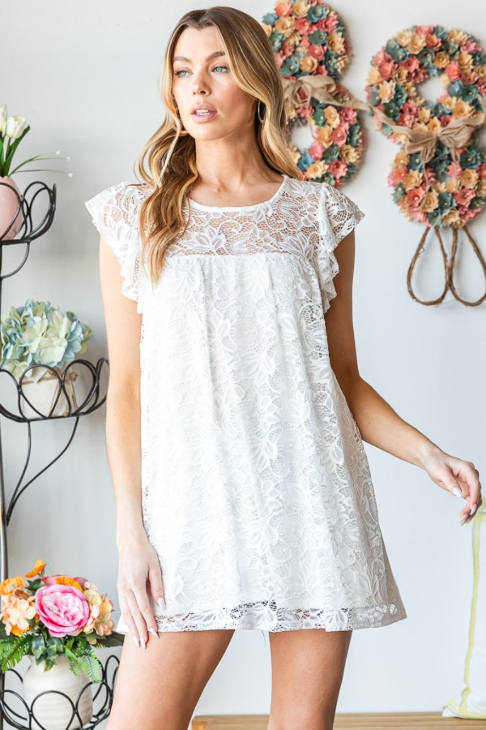 Heimish Women's Full Size Round Neck Cap Sleeve Lace Blouse - Elegant Casual Top for Summer Outings & Date Nights