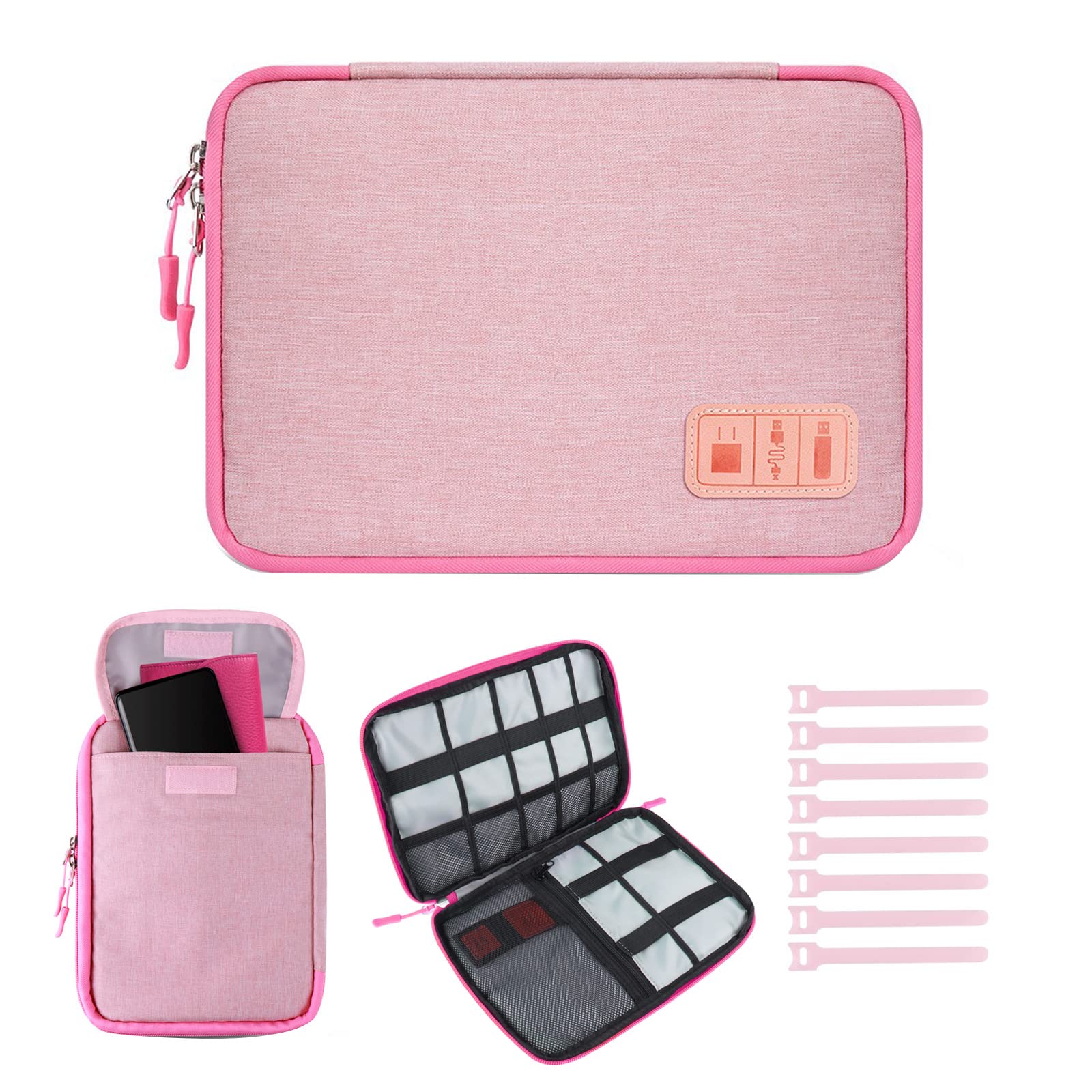 Pink Travel Cable Organizer Bag - Portable Cord Storage Case for Charger, Phone, USB & SD Cards with 8 Cable Ties | Perfect for Travel, Office & Home Organization