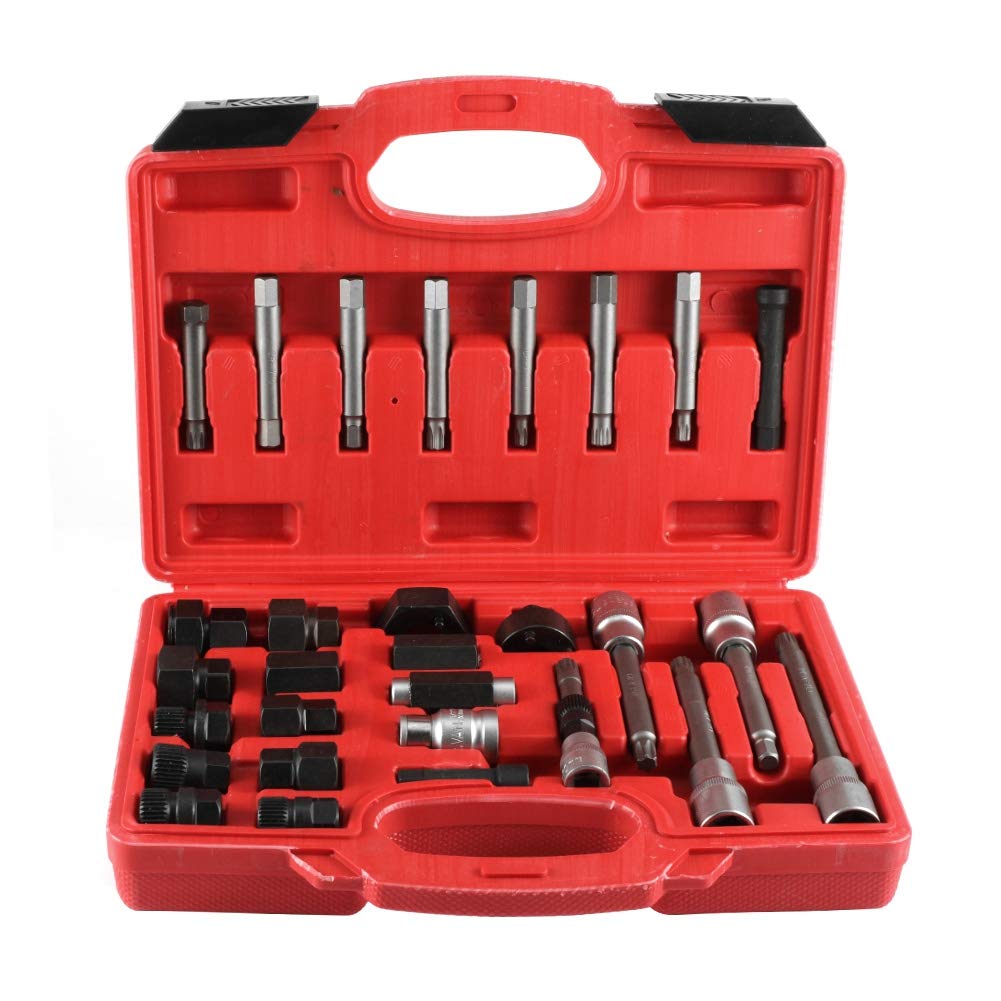 30-Piece Alternator Pulley Kit - Professional Alternator Pulley Tool Set with Freewheel Pulley Remover & Disassembly Socket Bits - Perfect for Car Repair & Auto Maintenance
