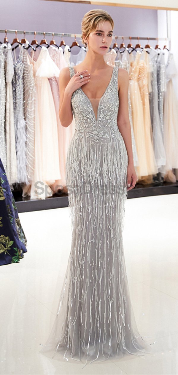 Elegant Gray V-Neck Lace Beaded Mermaid Prom Dress for Evening Parties & Formal Events - Perfect for Homecoming, Prom Night, and Special Occasions