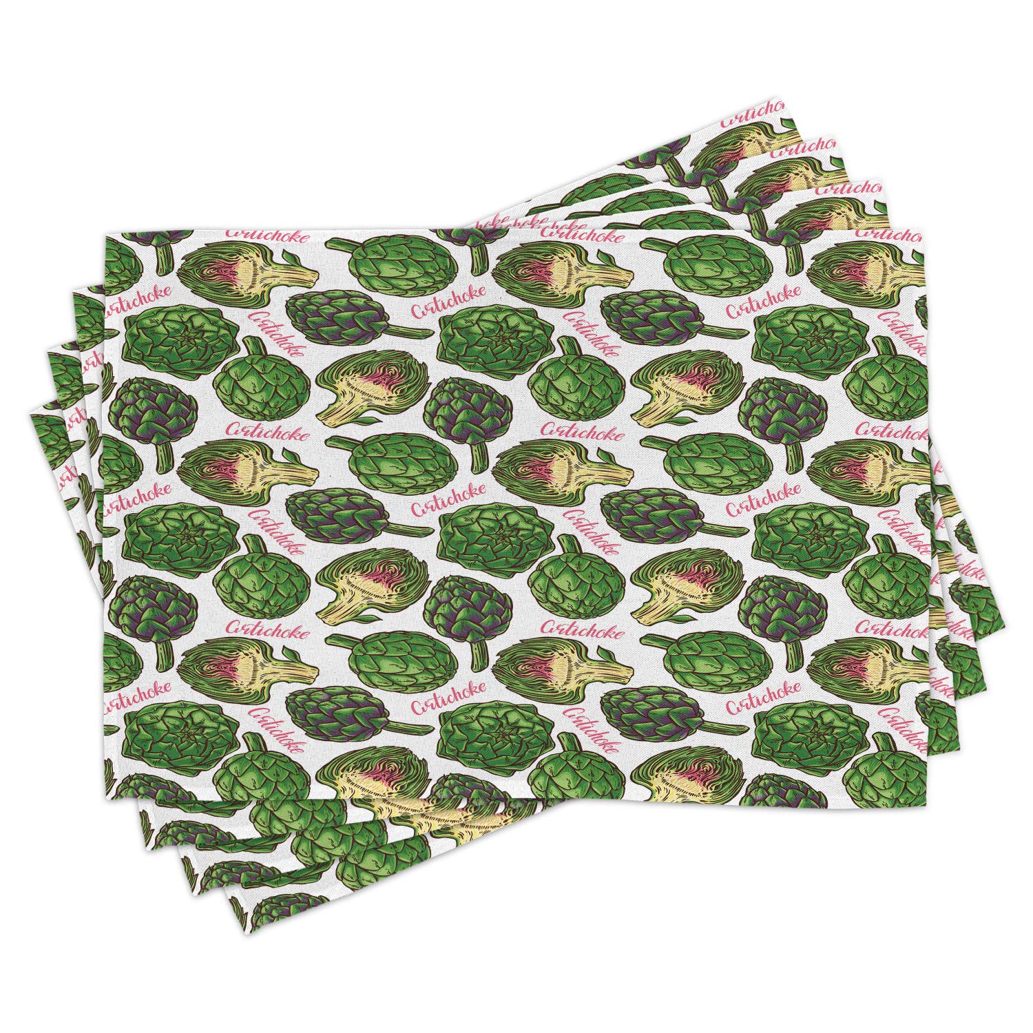 Ambesonne Artichoke Place Mats Set of 4 - Hand Drawn Superfood Design with Vibrant Colors, Washable Fabric Table Mats for Dining Room Decor, Standard Size (12x18 Inches) in Hunter Green & Fern Green - Perfect for Dinner Parties, Holiday Gatherings & Everyday Meals