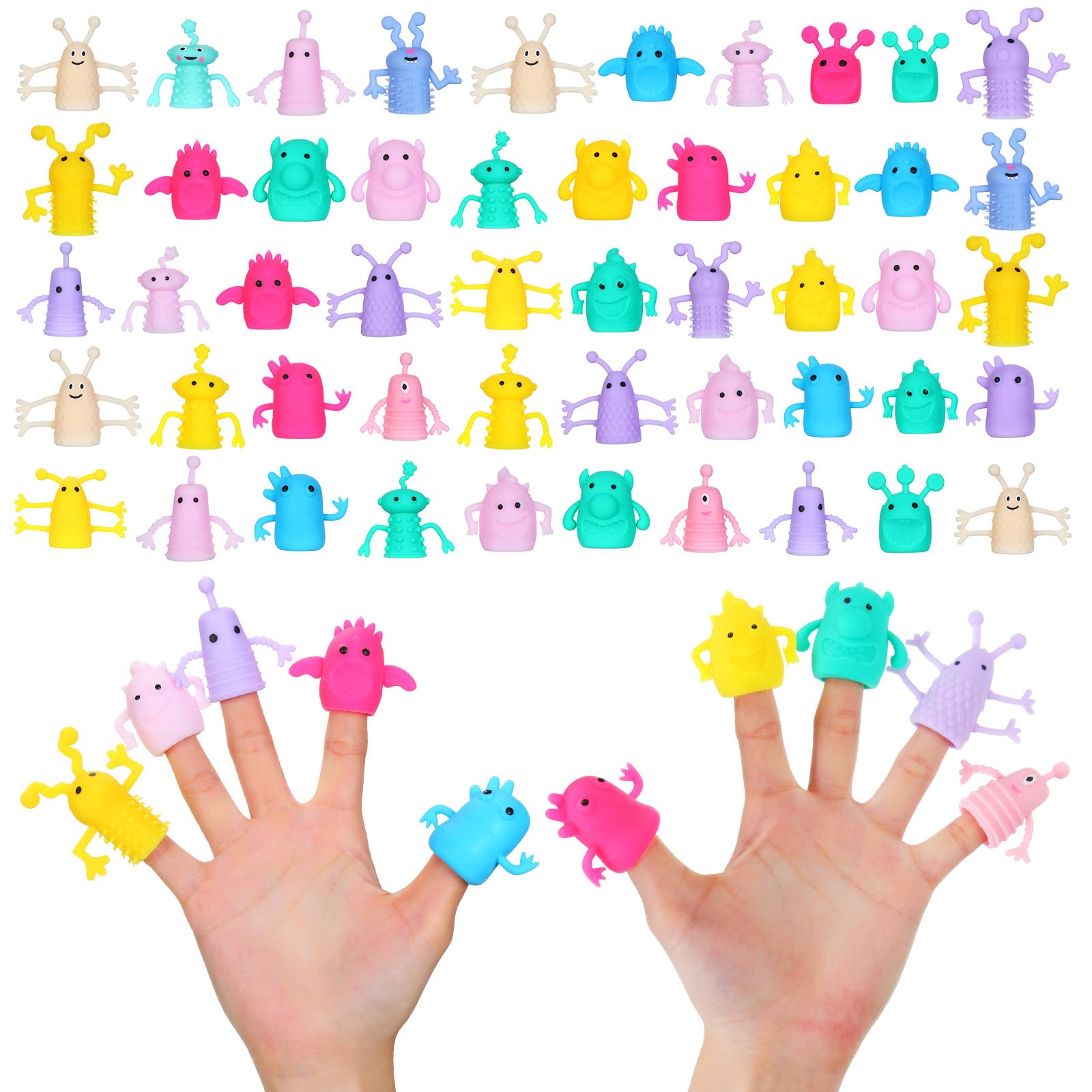 80 Pcs Cute Monster Finger Puppets - Soft Stretchy Rubber Fidget Toys for Kids, Party Favors & Role Play - 13 Random Styles (Halloween, Classroom, Storytelling, Sensory Play)