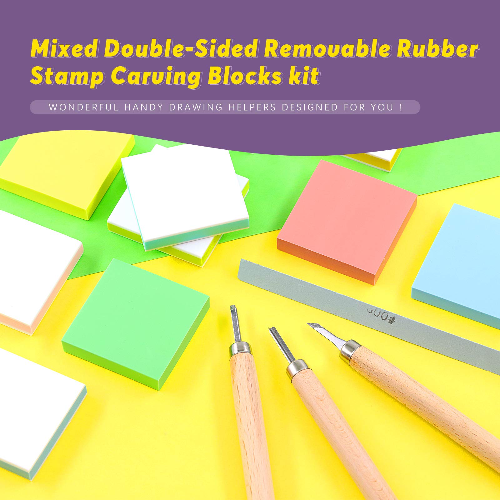 Swpeet 14-Piece 50mm Square Rubber Stamp Carving Set - 2 Mixed Flat Stamp Blocks, 3 Carving Knives & Polished Stone Kit - Double-Sided Removable Carving Blocks for DIY Scrapbooking, Postcards & Handmade Greeting Cards - Perfect for Crafting, Paper Art & Personalized Stationery Projects